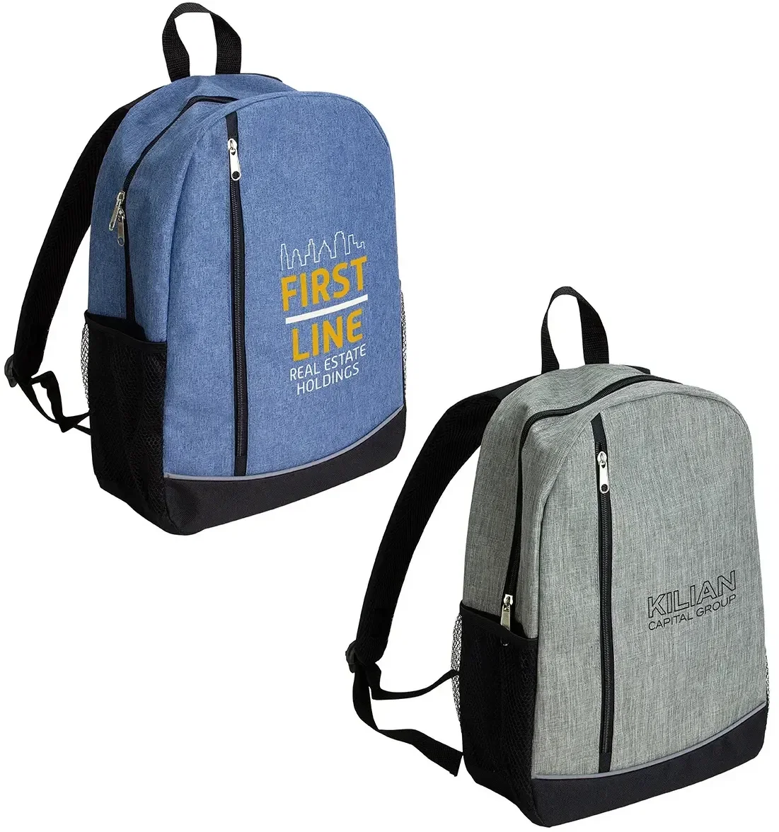 Custom Brio 600D Polycanvas Backpack, front view of the heathered branded bag with padded straps for logo giveaways