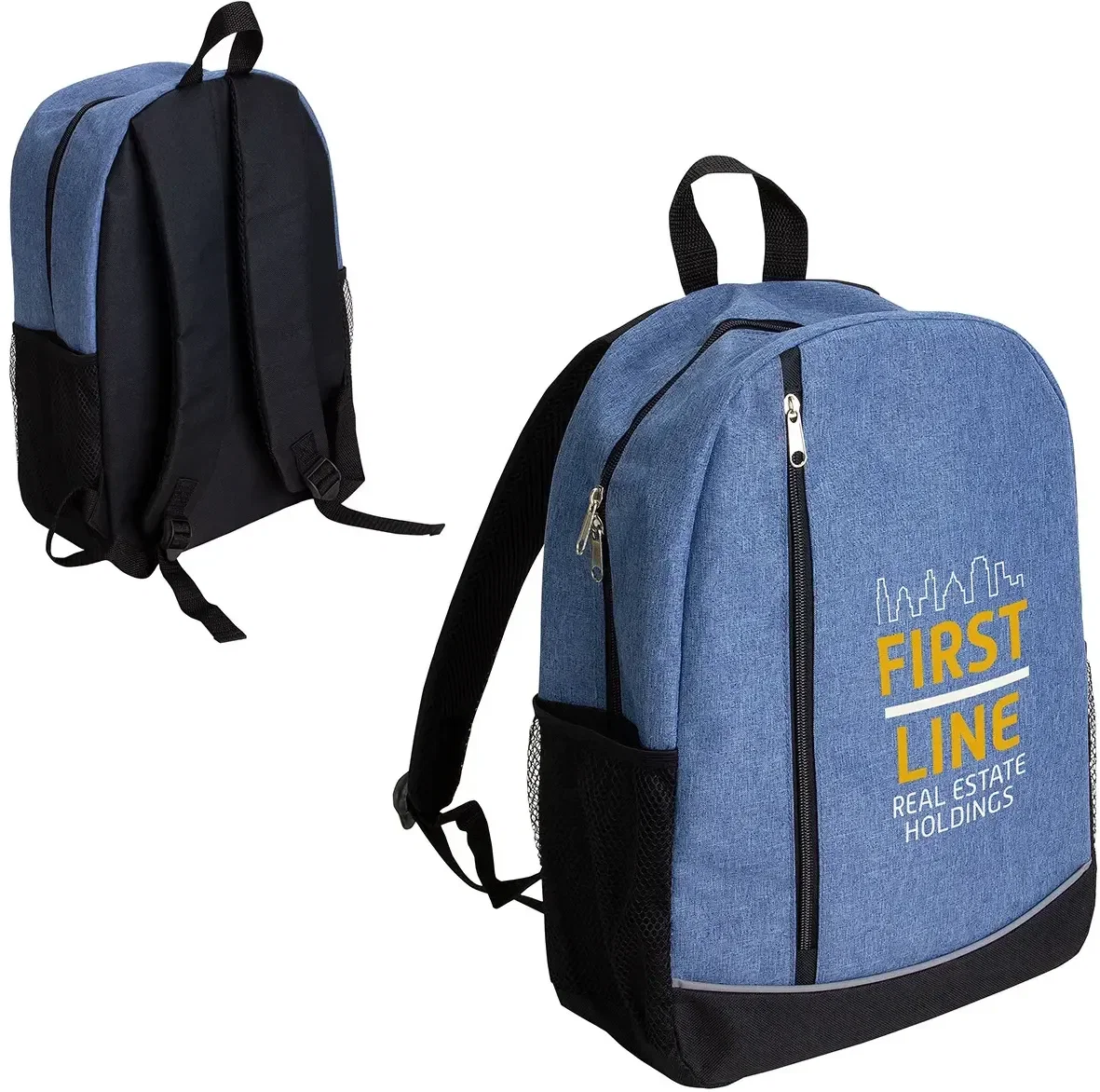 Side view of the custom Brio 600D Polycanvas Backpack showing pockets on the branded promotional logo bag