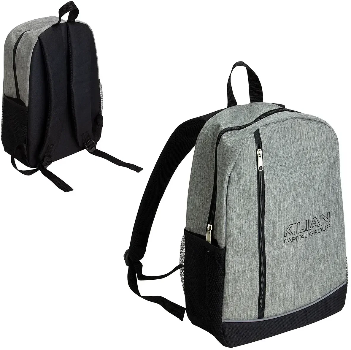 Back view of the custom Brio 600D Polycanvas Backpack with padded straps, a branded logo giveaway bag