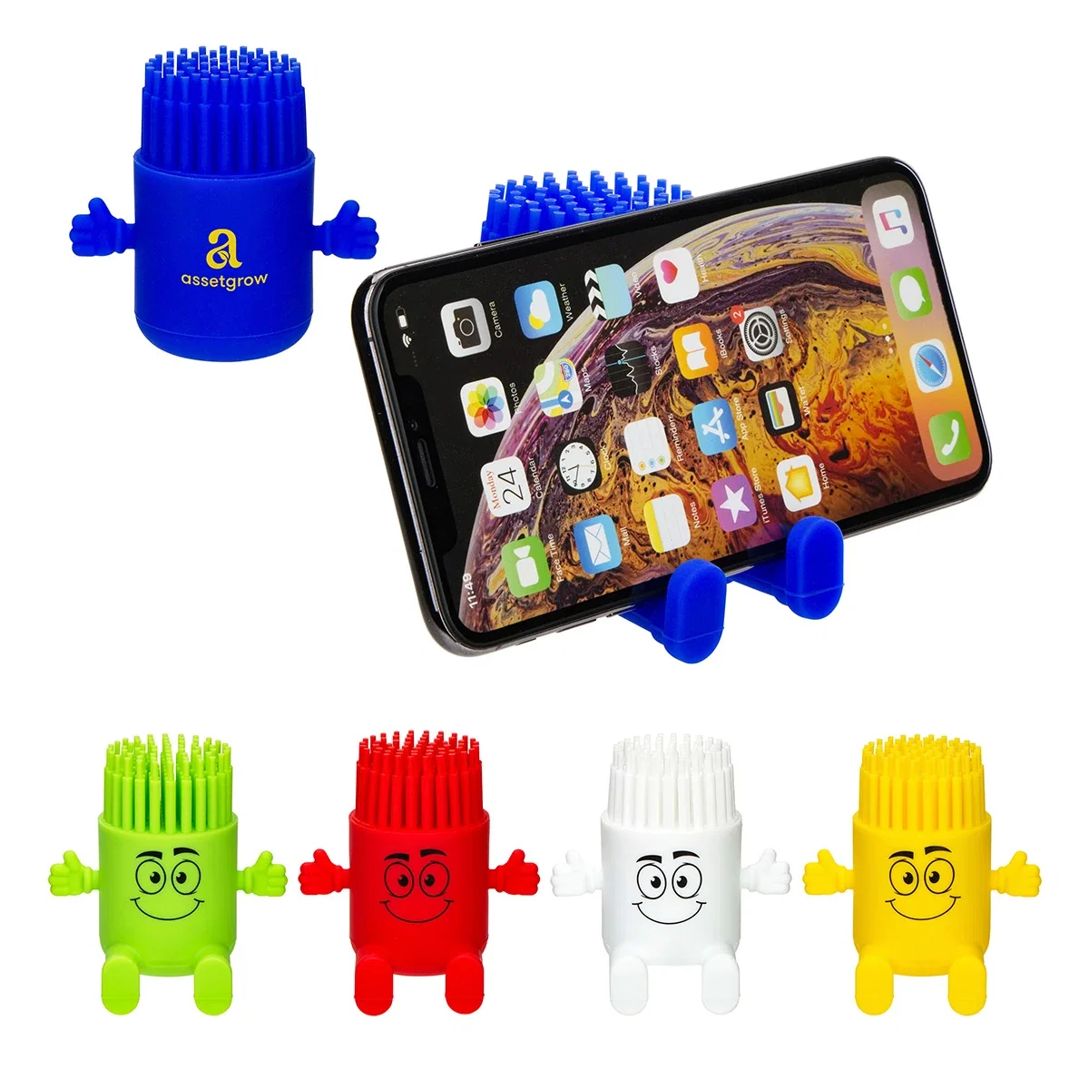 Custom Bristle Buddy Flexible Phone Stand, front view of the branded phone stand