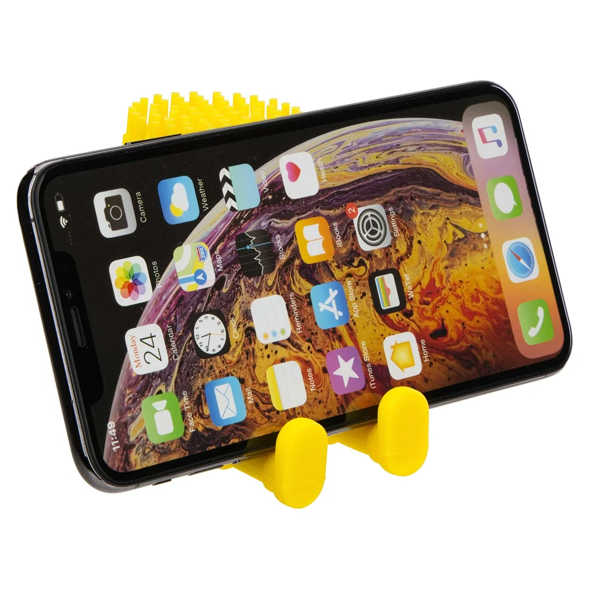 Close-up of the Bristle Buddy phone stand's logo imprint area