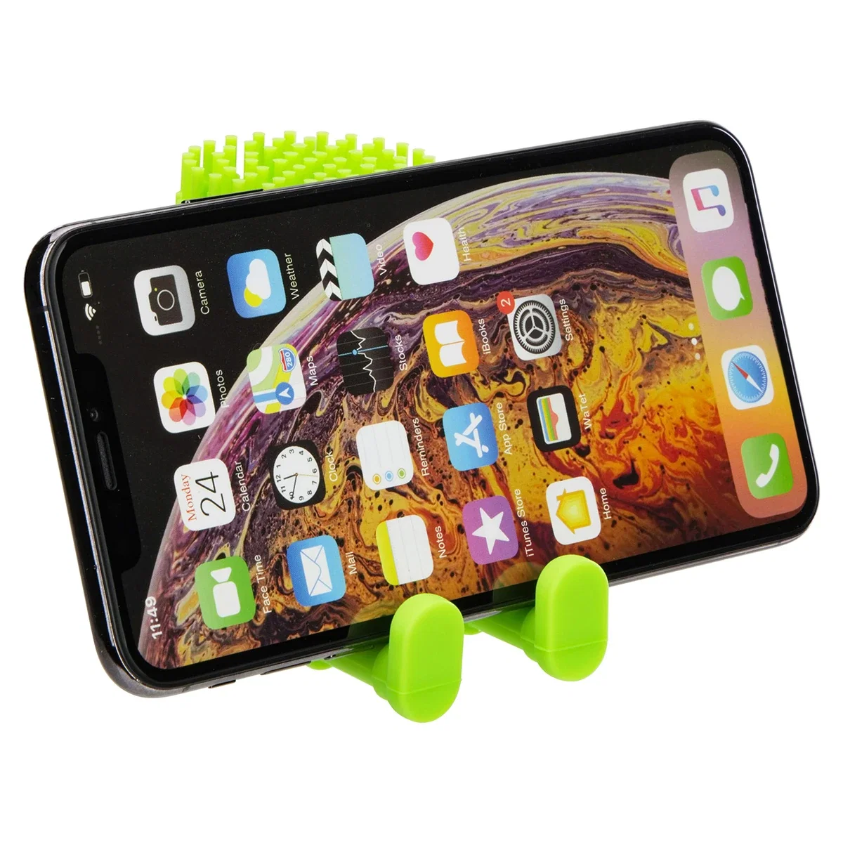 Bristle Buddy Flexible Phone Stand in use, branded flexible stand holding a smartphone