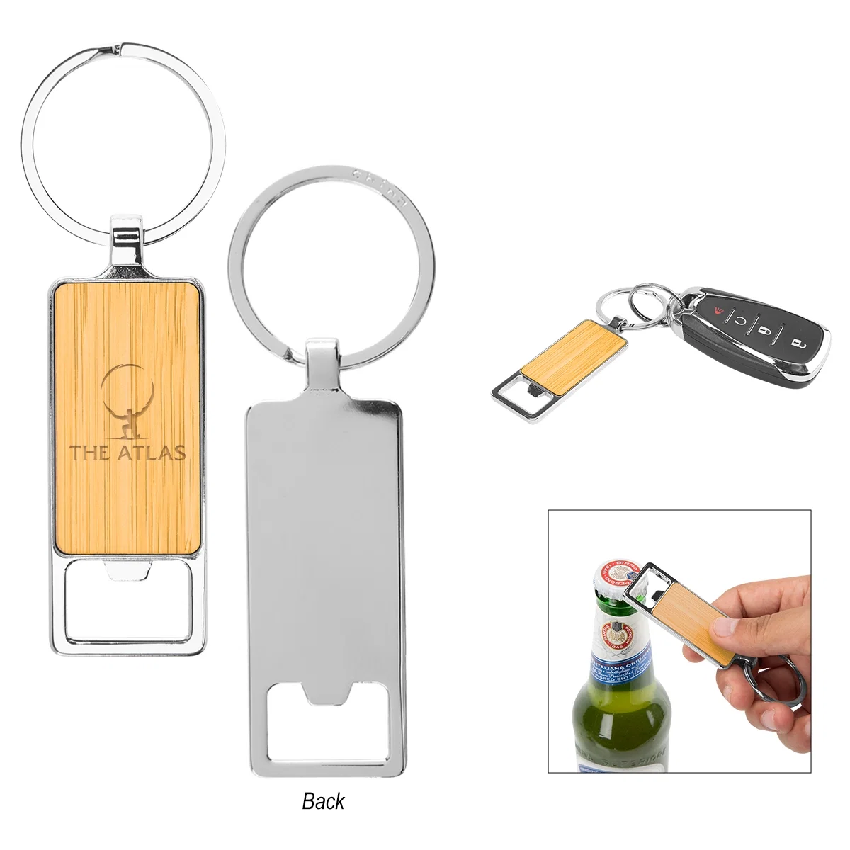Bamboo key tag with an integrated bottle opener notch