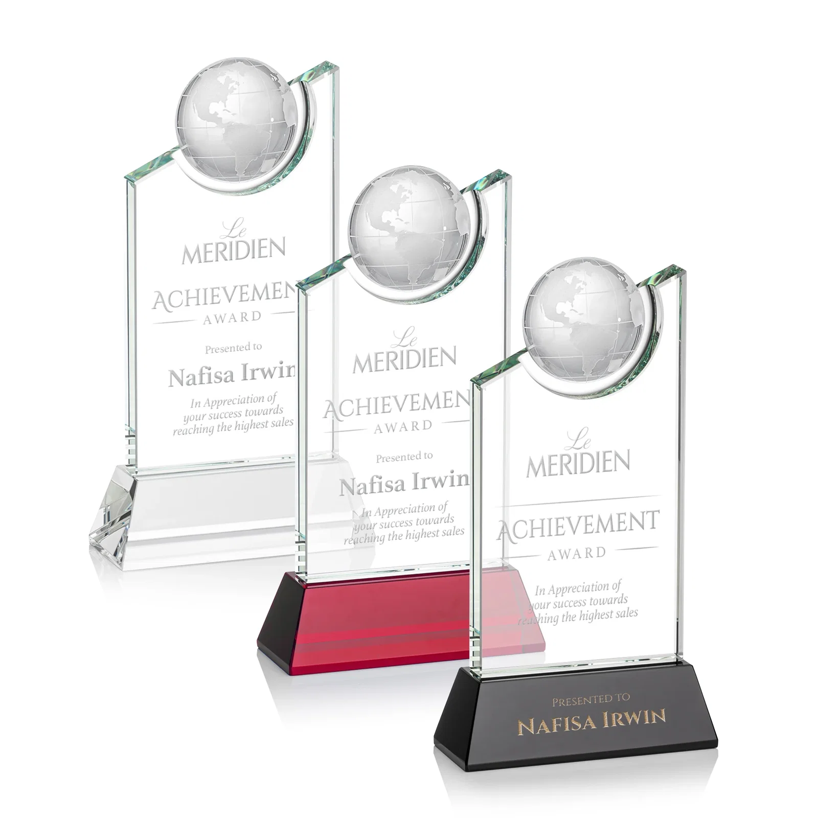 Custom Optical Crystal Award with a Suspended Half-Globe for employee recognition