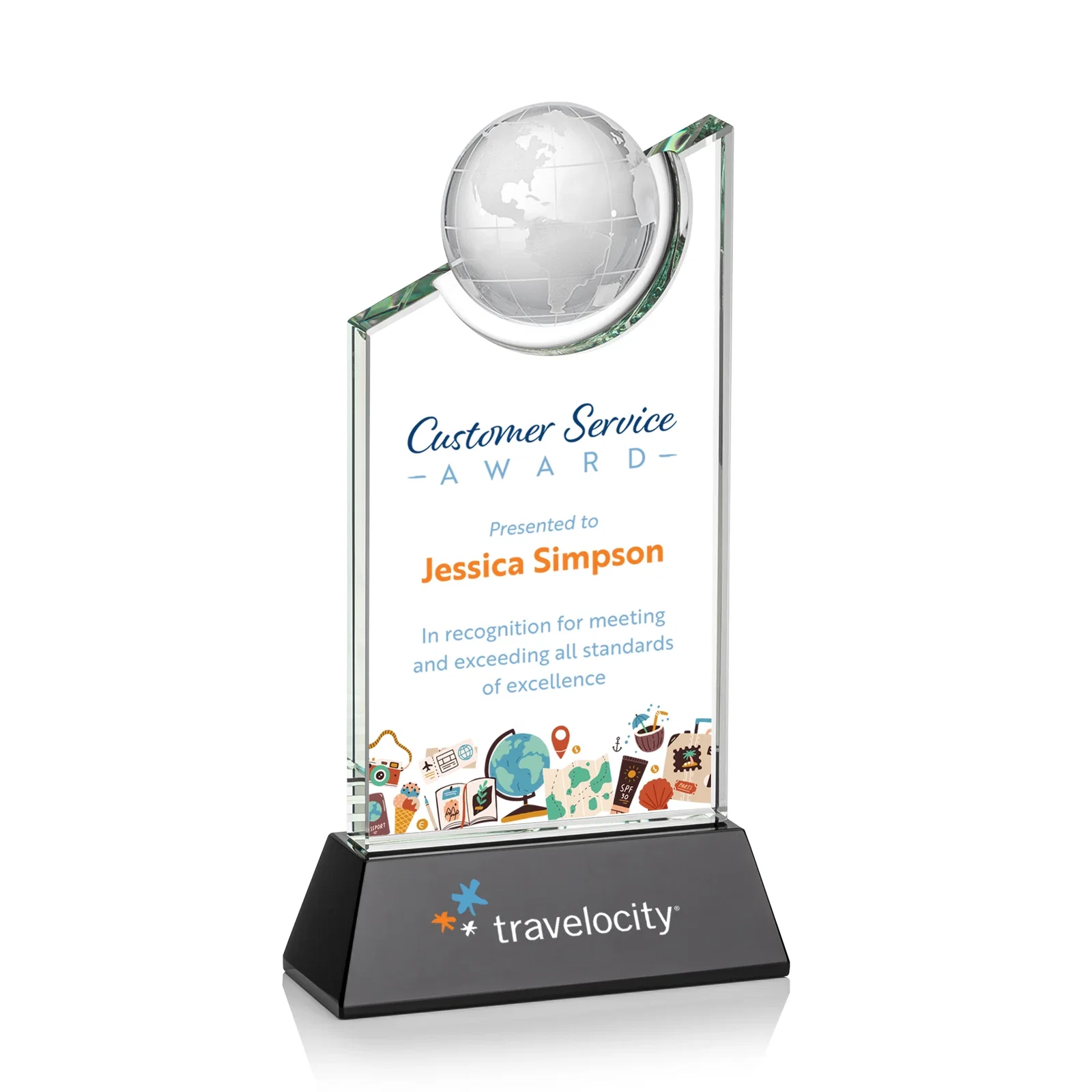 Personalized Optical Crystal Award with a Suspended Half-Globe for employee recognition