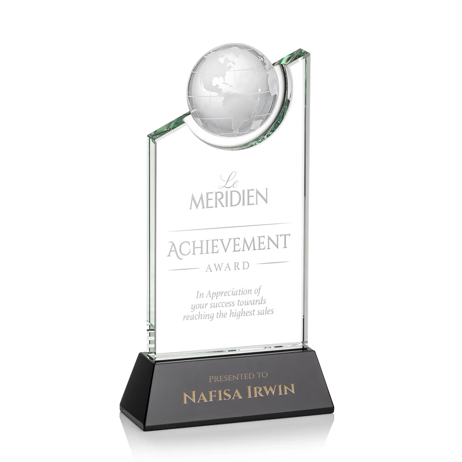 Custom Optical Crystal Award with a Suspended Half-Globe for service anniversary gifts