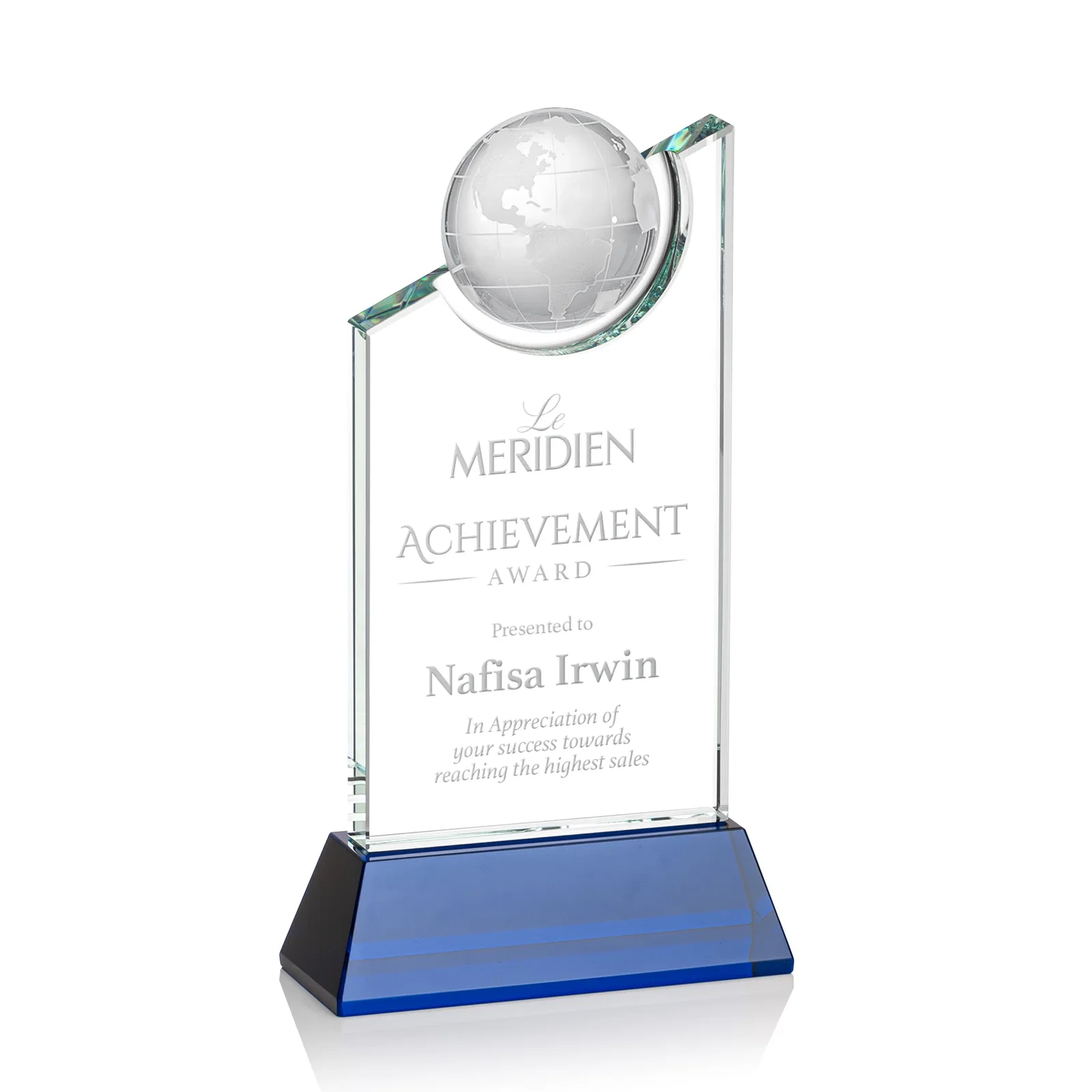 Custom Optical Crystal Award with a Suspended Half-Globe for sales achievement awards