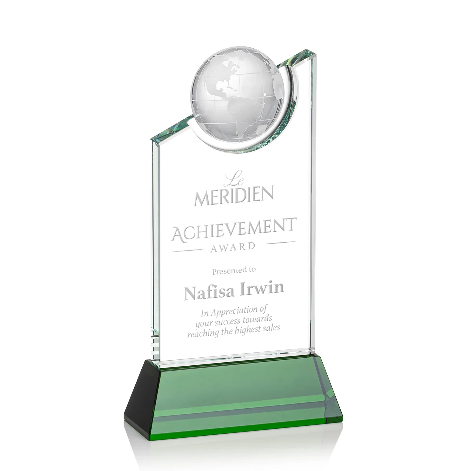 Custom Optical Crystal Award with a Suspended Half-Globe for retirement presentations
