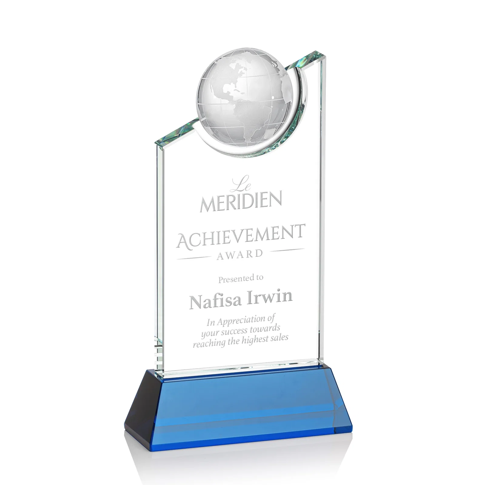 Custom Optical Crystal Award with a Suspended Half-Globe for team milestone celebrations