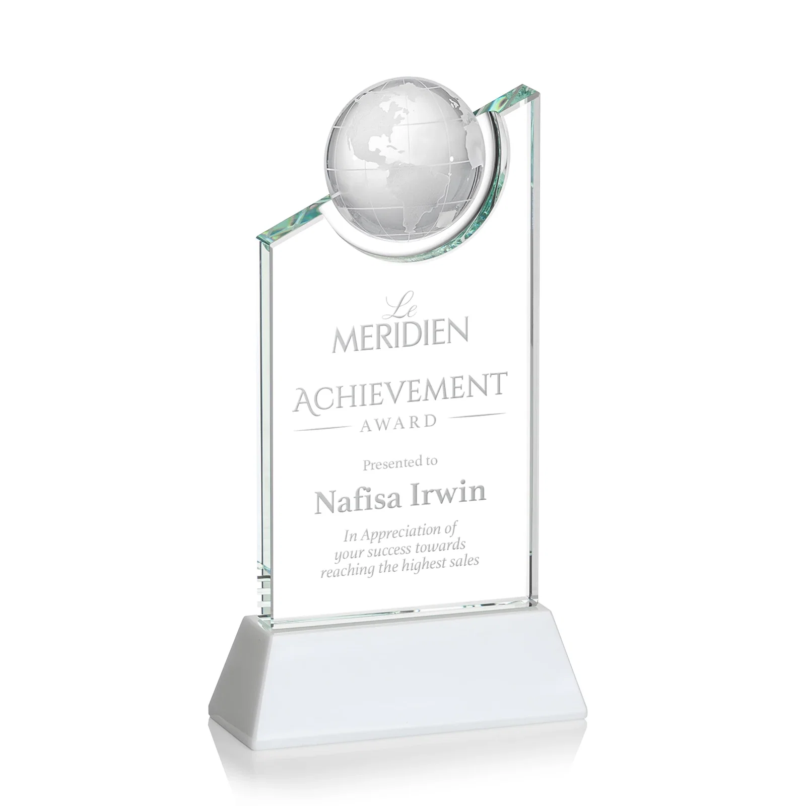 Custom Optical Crystal Award with a Suspended Half-Globe for donor appreciation