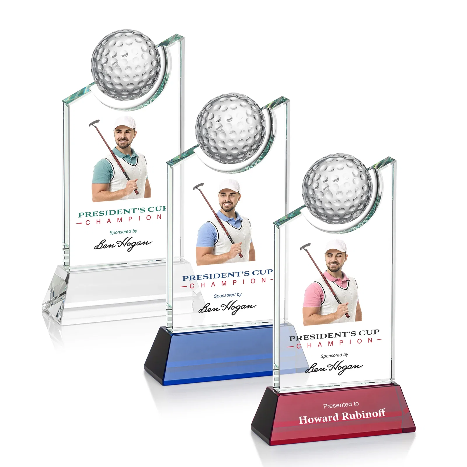 Custom Optical Crystal Wedge Award with Half Ball Suspended in Opening for volunteer appreciation