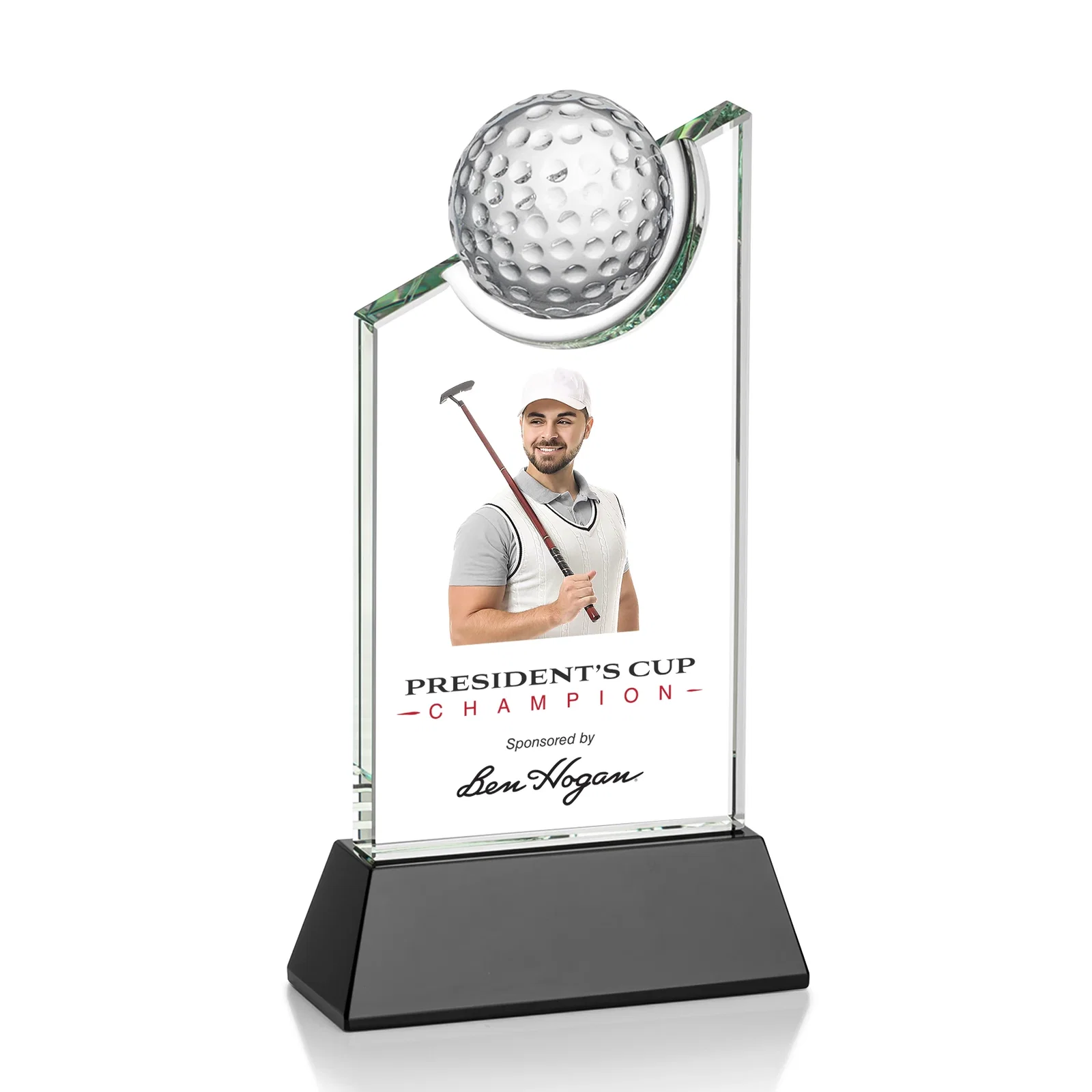 Custom Optical Crystal Wedge Award with Half Ball Suspended in Opening for company anniversary events