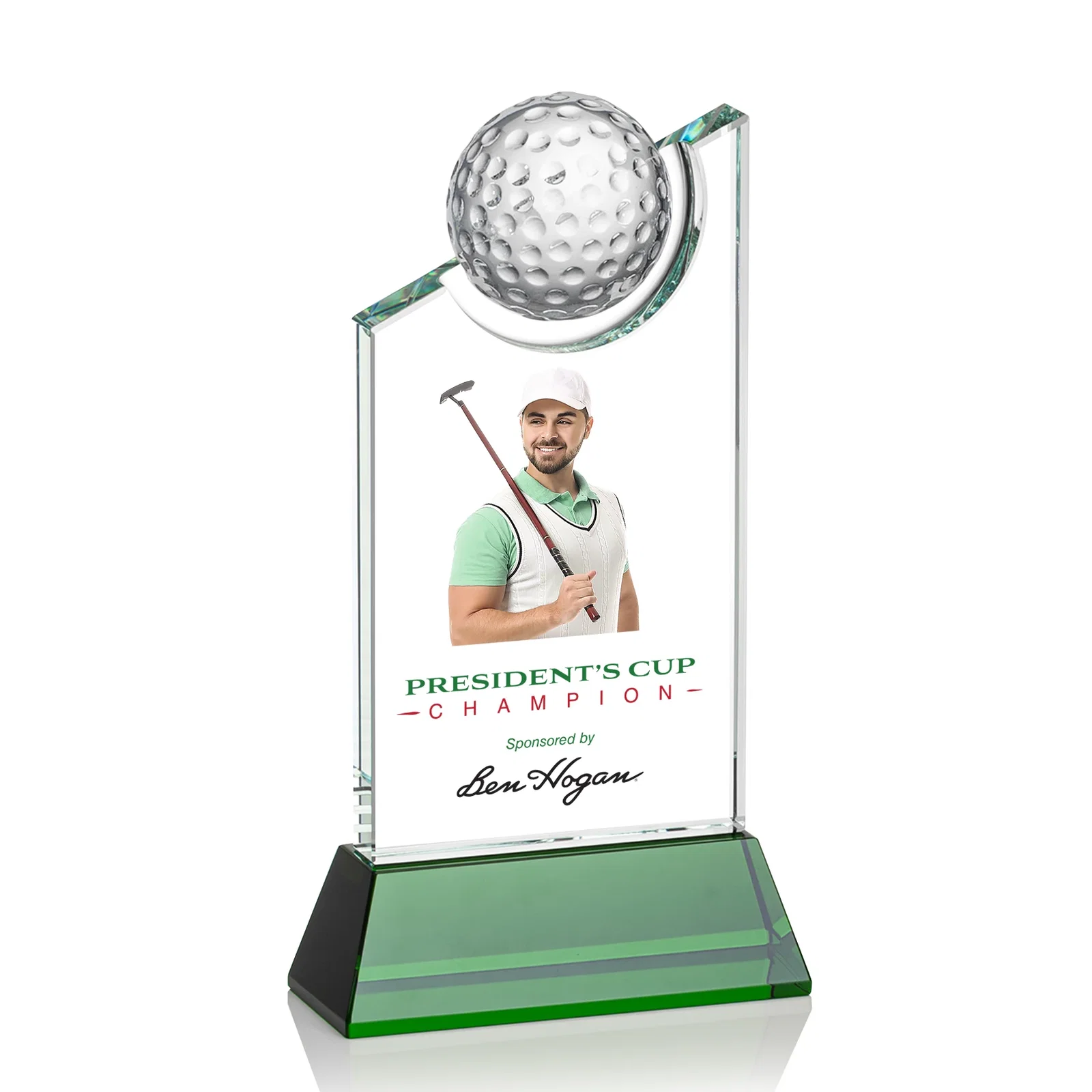 Personalized Optical Crystal Wedge Award with Half Ball Suspended in Opening for corporate award ceremonies