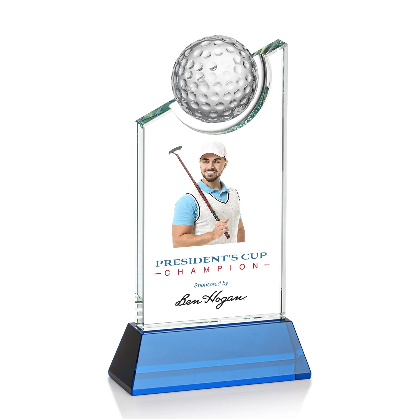 Personalized Optical Crystal Wedge Award with Half Ball Suspended in Opening for service anniversary gifts