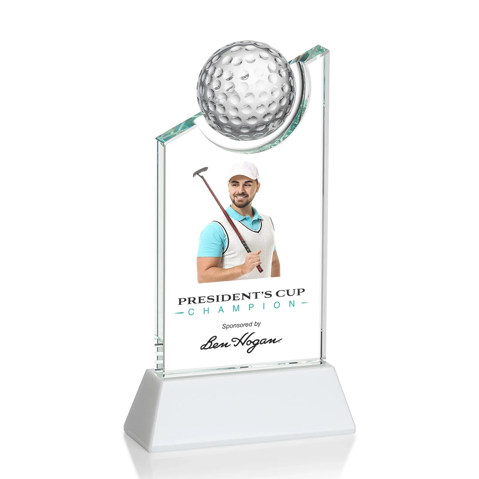 Personalized Optical Crystal Wedge Award with Half Ball Suspended in Opening for sales achievement awards