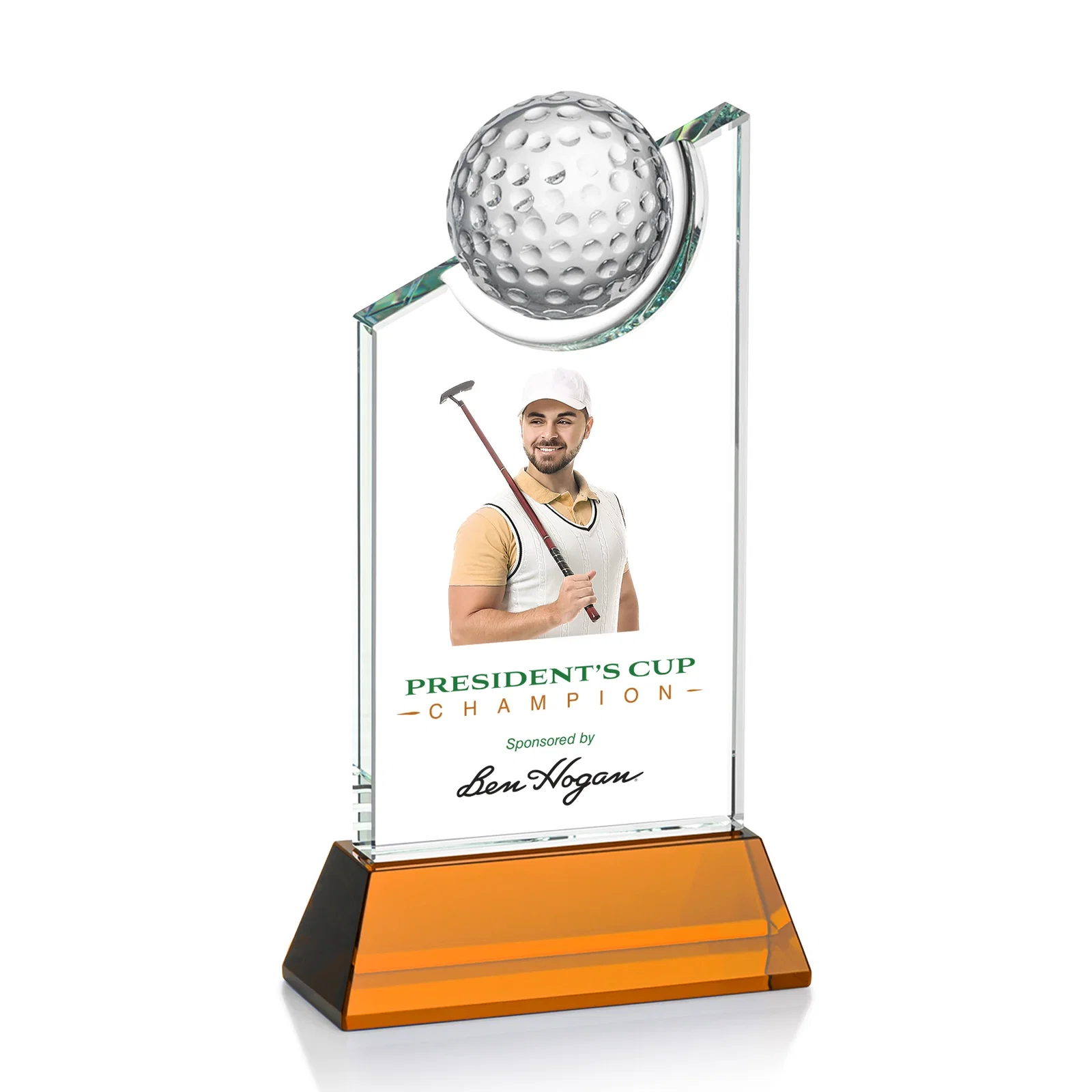 Personalized Optical Crystal Wedge Award with Half Ball Suspended in Opening for retirement presentations