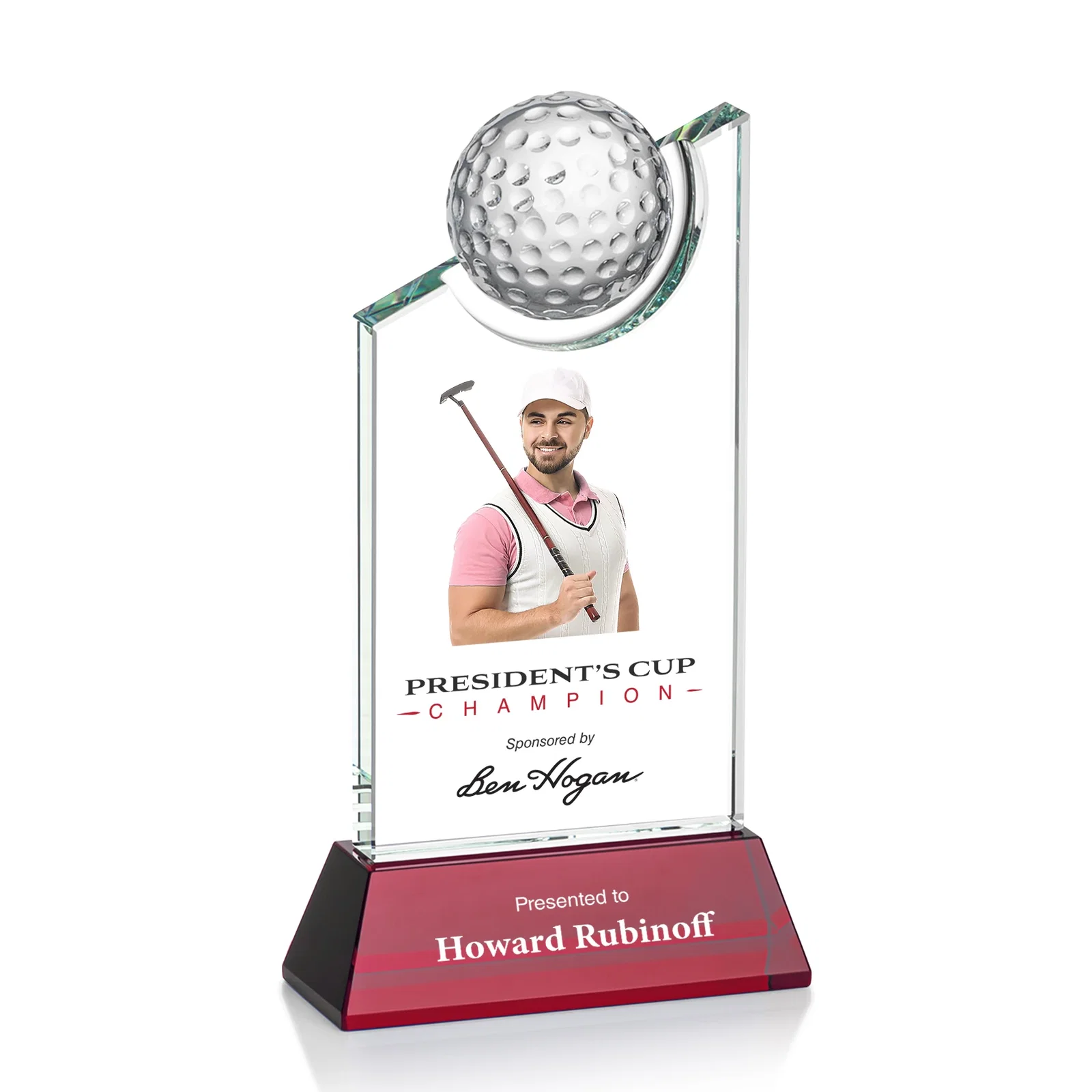 Personalized Optical Crystal Wedge Award with Half Ball Suspended in Opening for team milestone celebrations