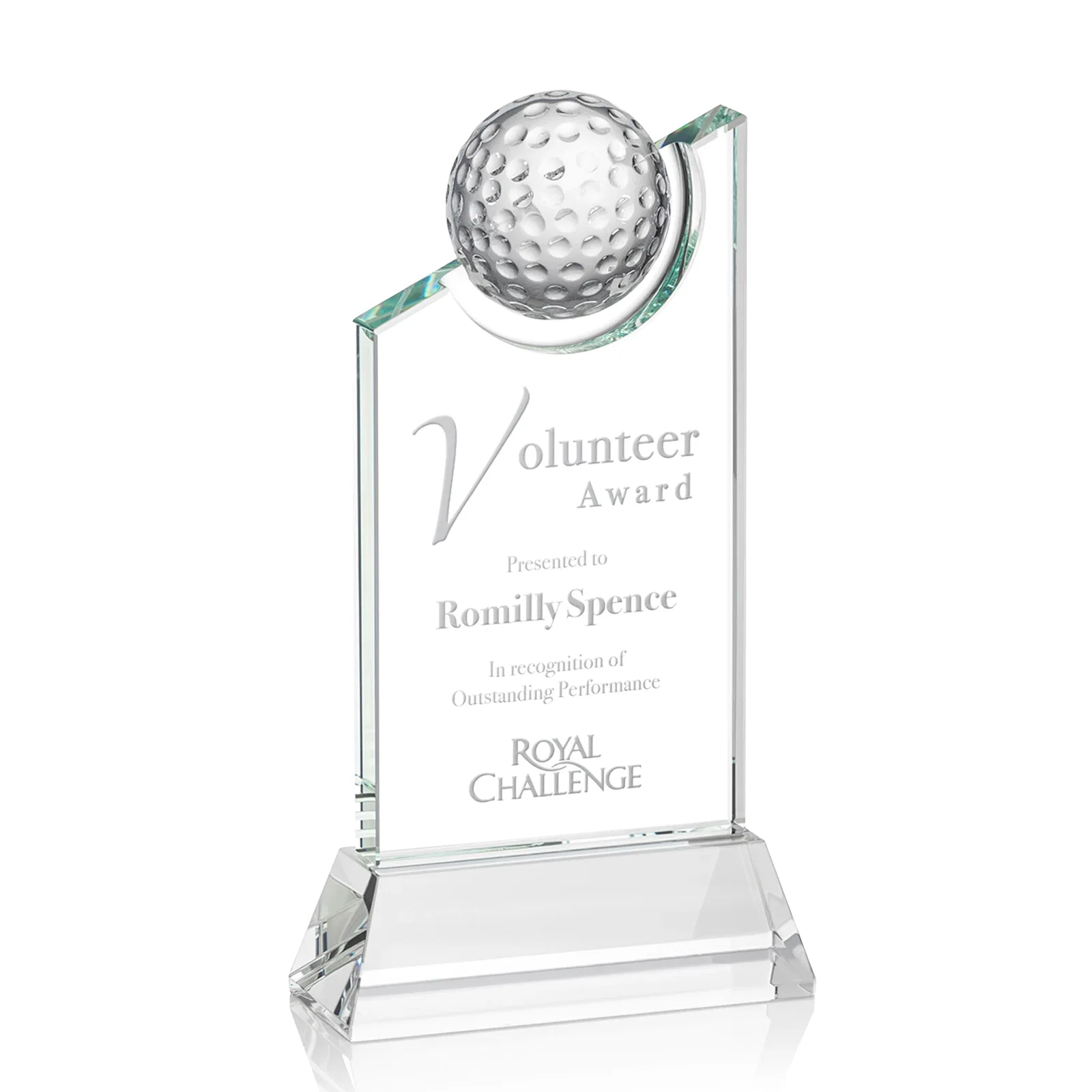 Custom Optical Crystal Wedge Award with Half Ball Suspended in Opening for corporate award ceremonies