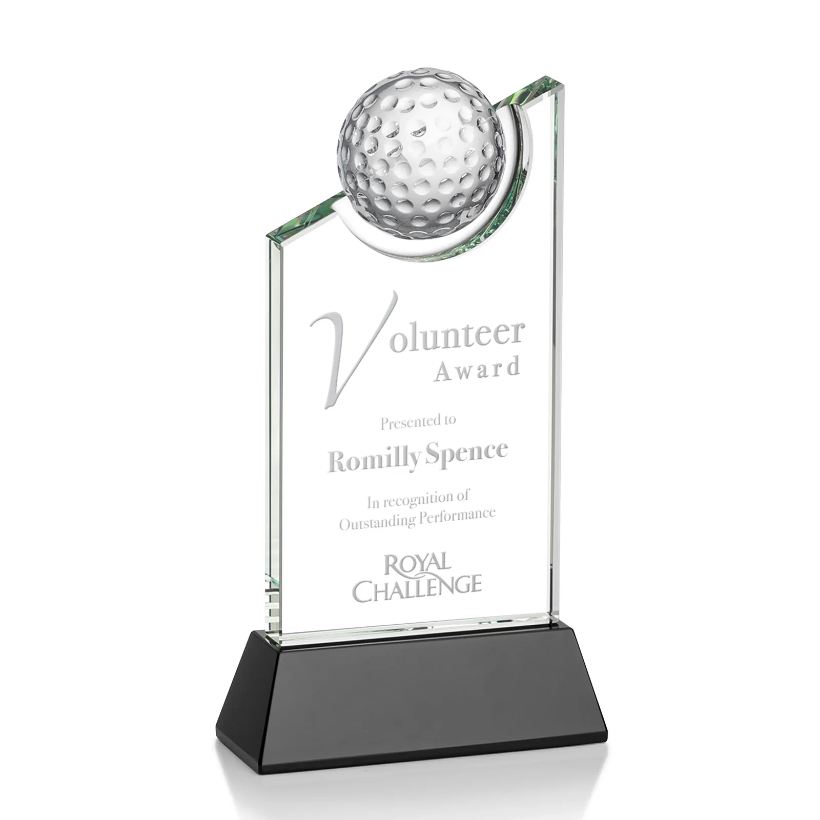 Custom Optical Crystal Wedge Award with Half Ball Suspended in Opening for service anniversary gifts