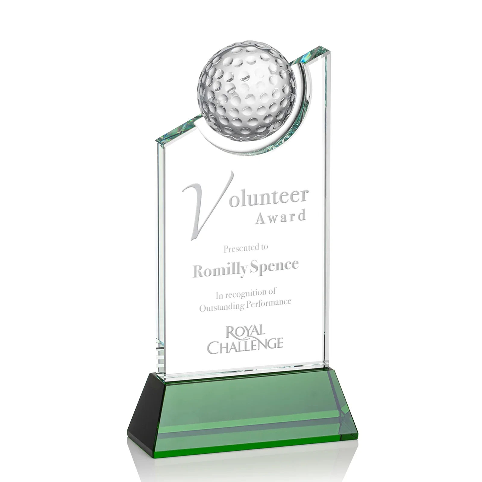 Custom Optical Crystal Wedge Award with Half Ball Suspended in Opening for retirement presentations