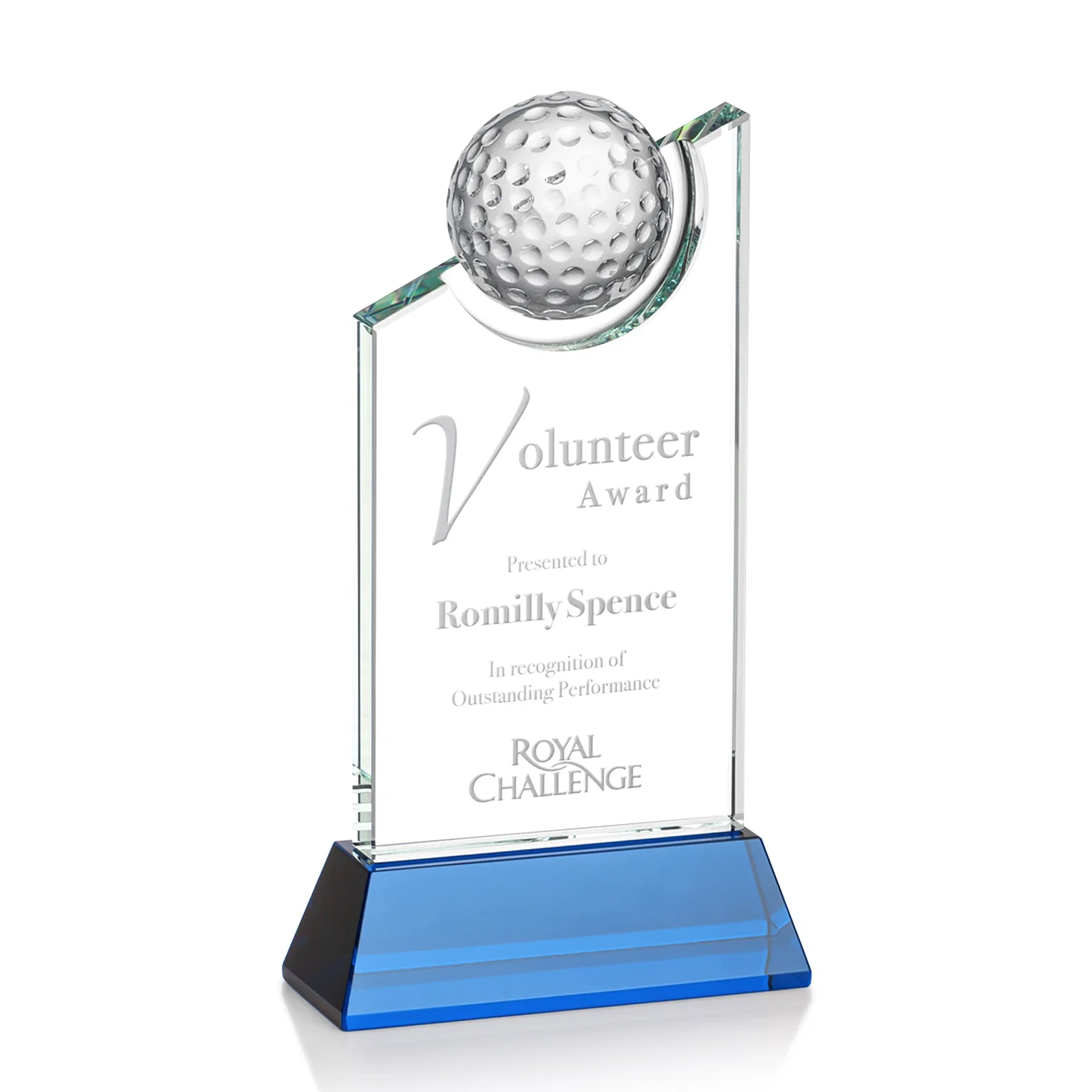 Custom Optical Crystal Wedge Award with Half Ball Suspended in Opening for team milestone celebrations