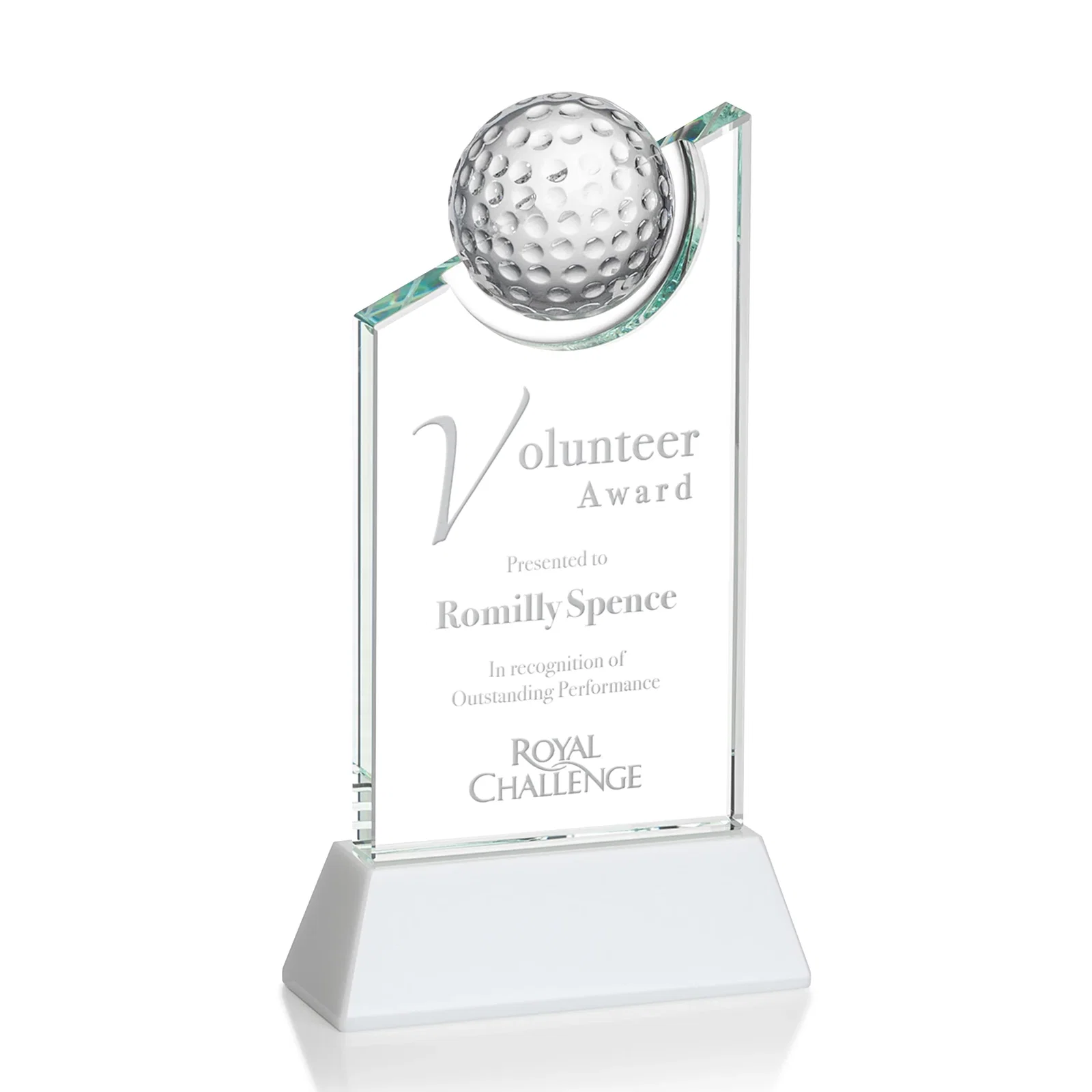 Custom Optical Crystal Wedge Award with Half Ball Suspended in Opening for donor appreciation