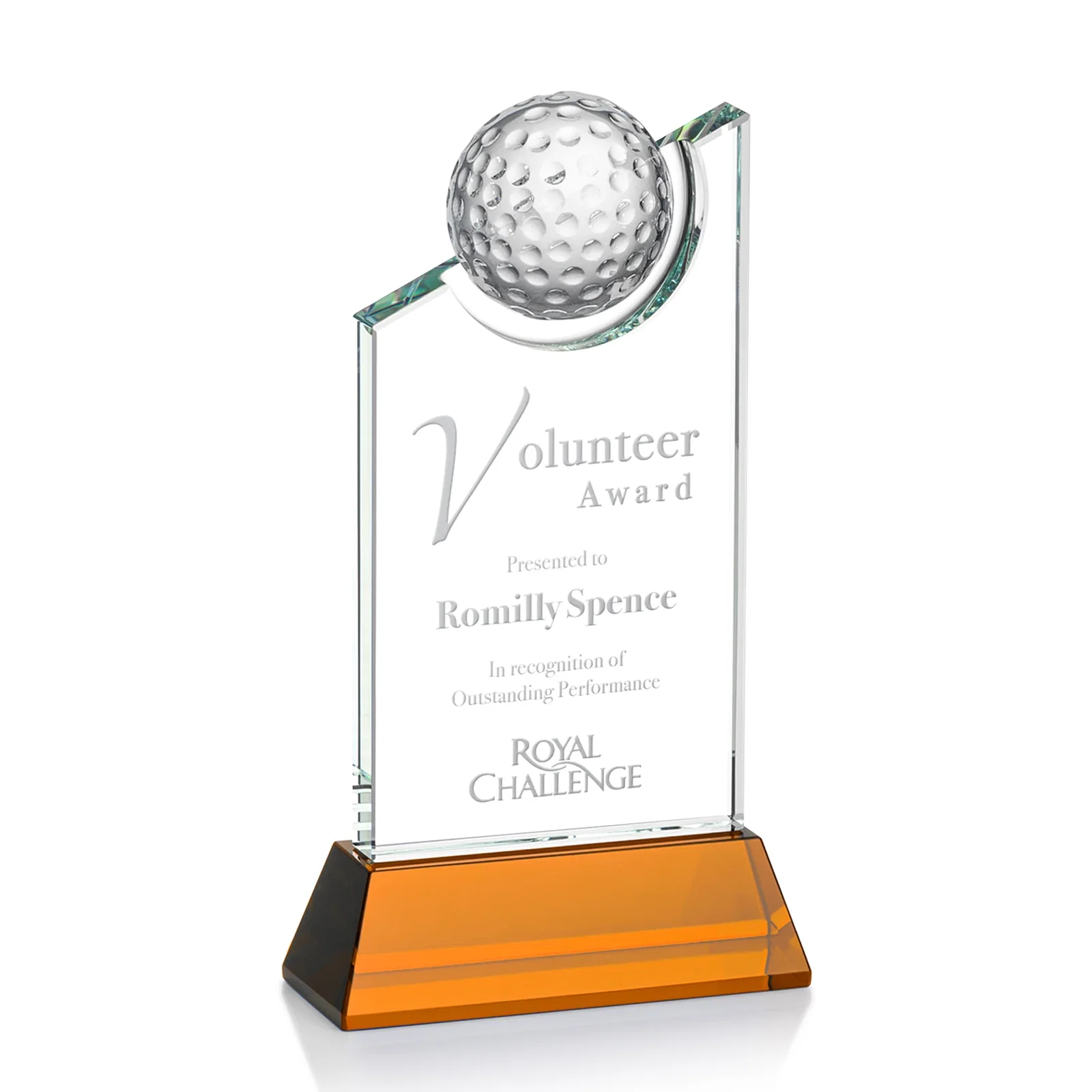 Custom Optical Crystal Wedge Award with Half Ball Suspended in Opening for graduation ceremonies