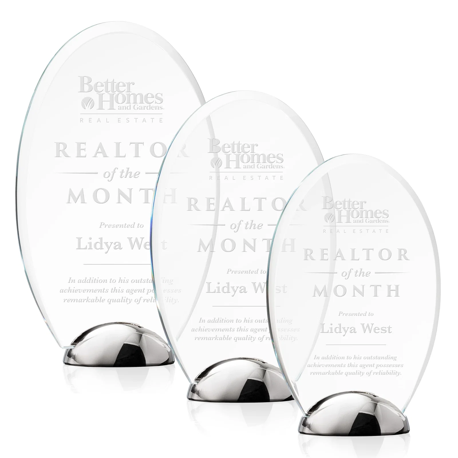 Custom Starfire Crystal Oval Award on Chrome Dome Base, metal awards for employee recognition