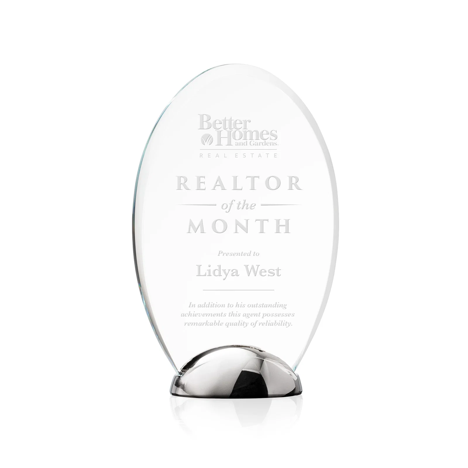 Custom Starfire Crystal Oval Award on Chrome Dome Base, metal awards for corporate award ceremonies