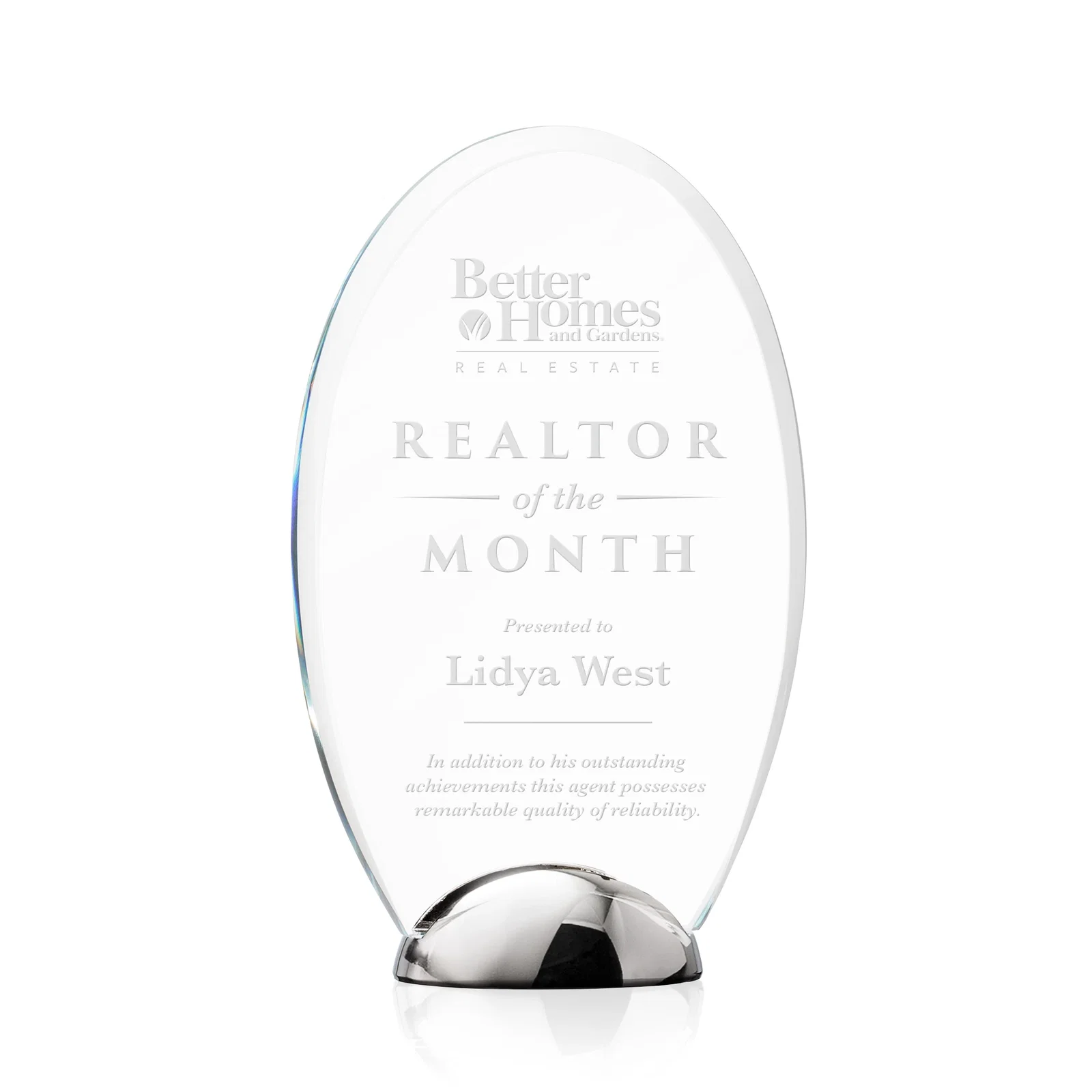 Custom Starfire Crystal Oval Award on Chrome Dome Base, metal awards for service anniversary gifts