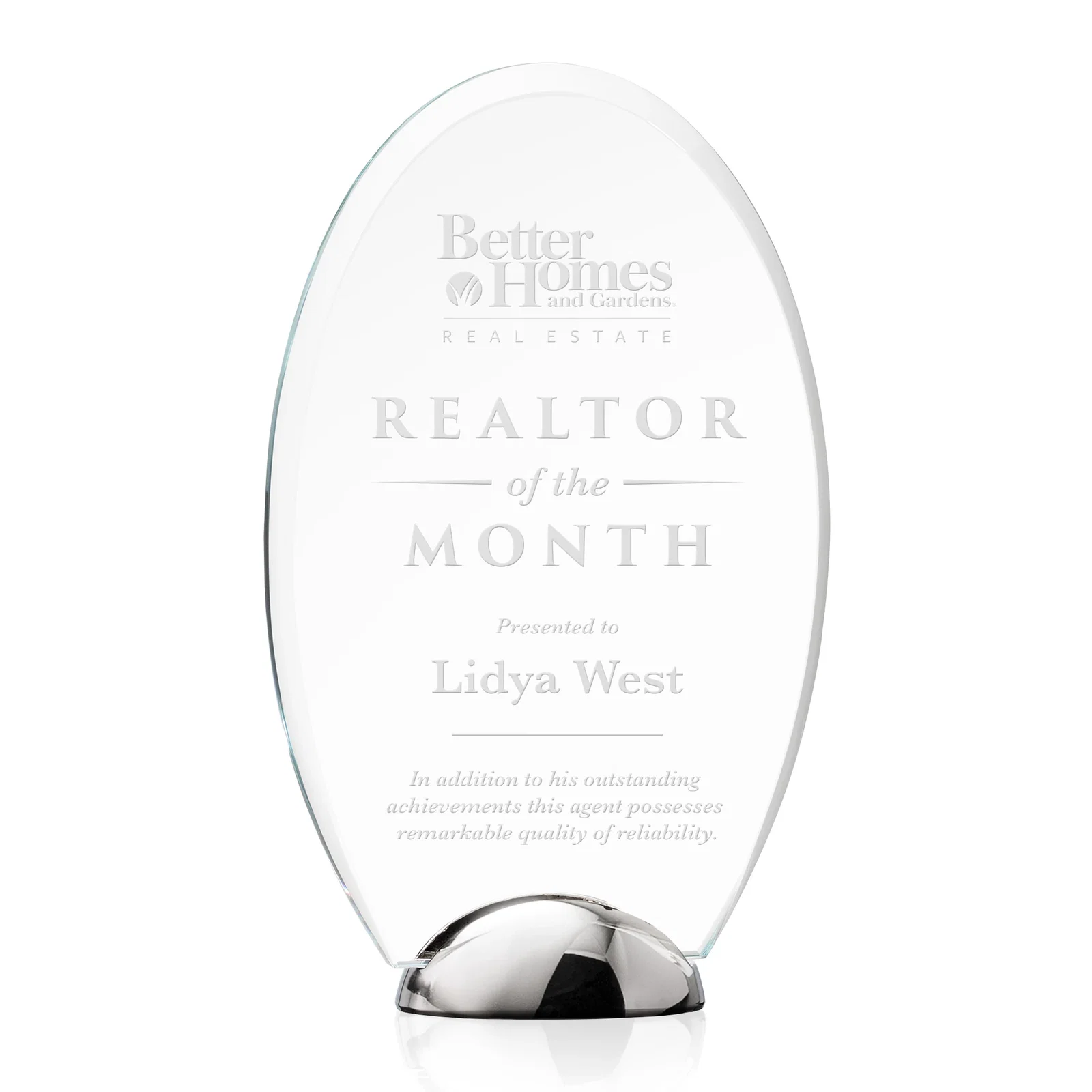 Custom Starfire Crystal Oval Award on Chrome Dome Base, metal awards for sales achievement awards