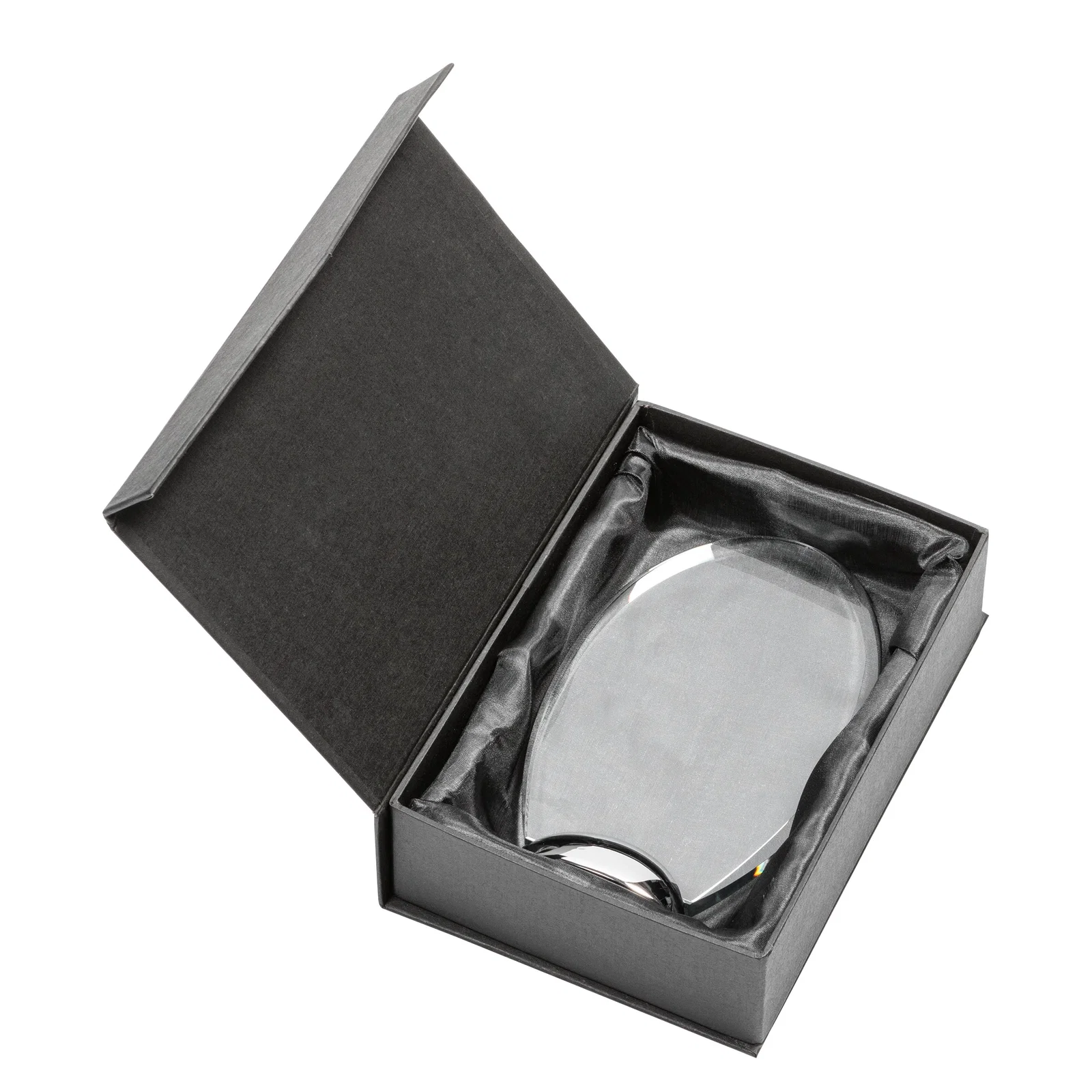Custom Starfire Crystal Oval Award on Chrome Dome Base, metal awards for retirement presentations
