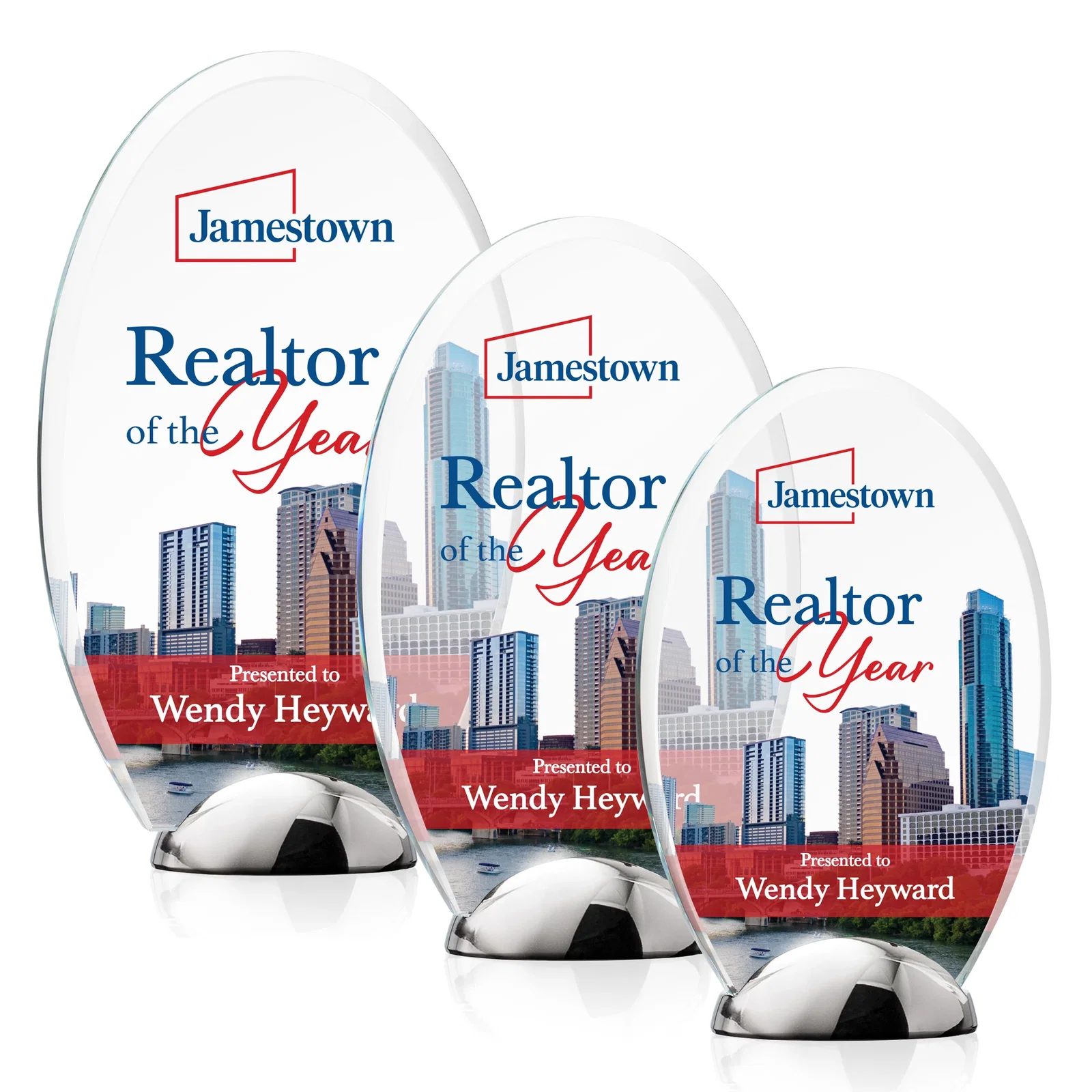Custom Starfire Crystal Oval Award on Chrome Dome Base, metal awards for team milestone celebrations
