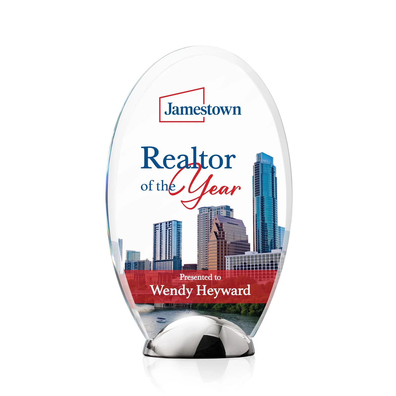 Custom Starfire Crystal Oval Award on Chrome Dome Base, metal awards for graduation ceremonies
