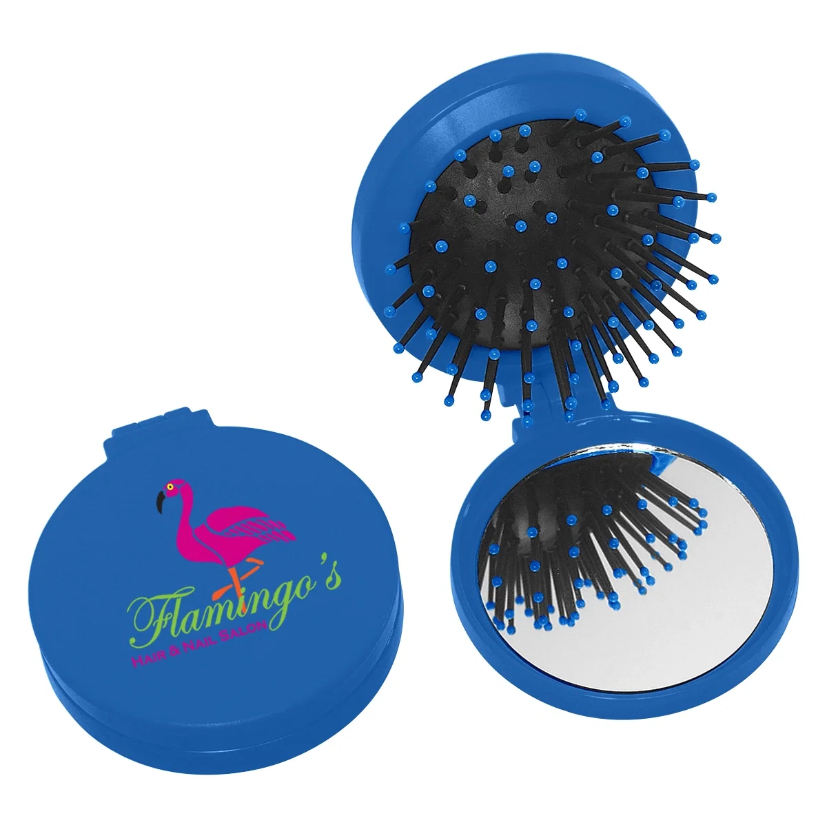 Round compact holding a folding brush and mirror, closed for travel