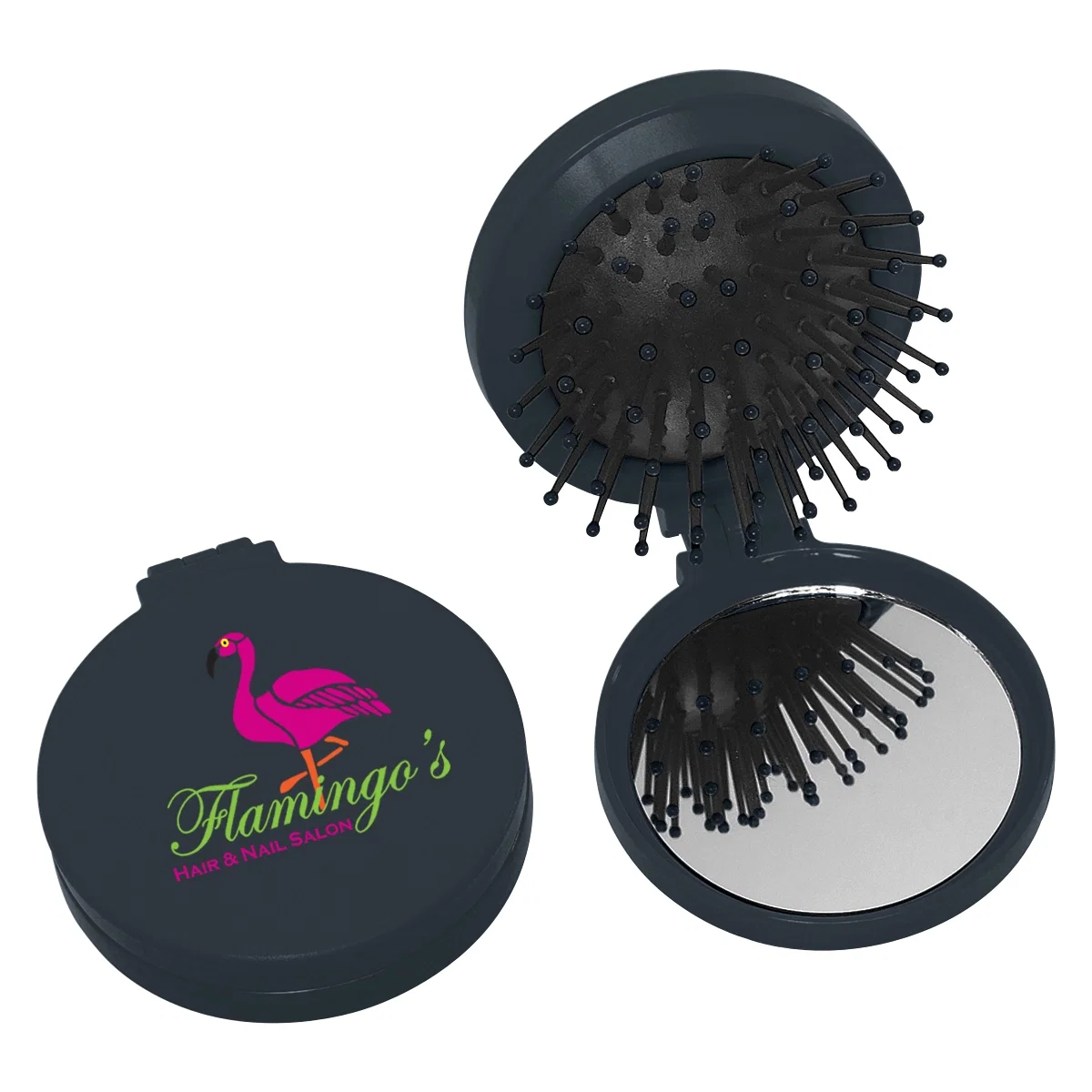 Opened to reveal the mirror on one half and bristles opposite