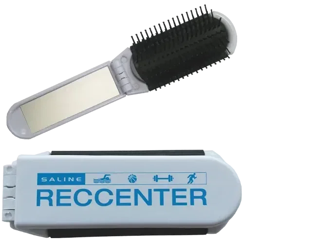 Brush Pocket Mirror. Folding travel hairbrush with built-in mirror for salon and hotel giveaways
