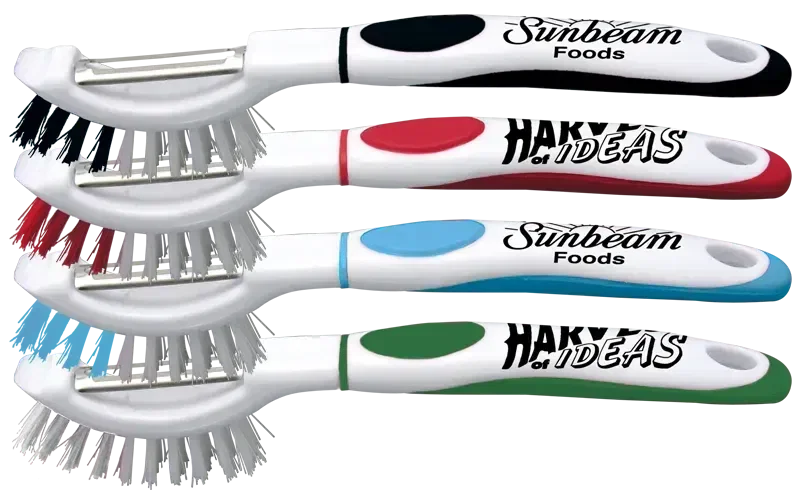 Brush-up Vegetable Brush & Peeler. Two-in-one nylon vegetable brush and stainless steel peeler for kitchen prep
