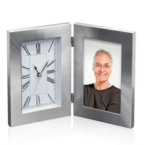 Brushed Aluminum Desk Clock and Photo Frame