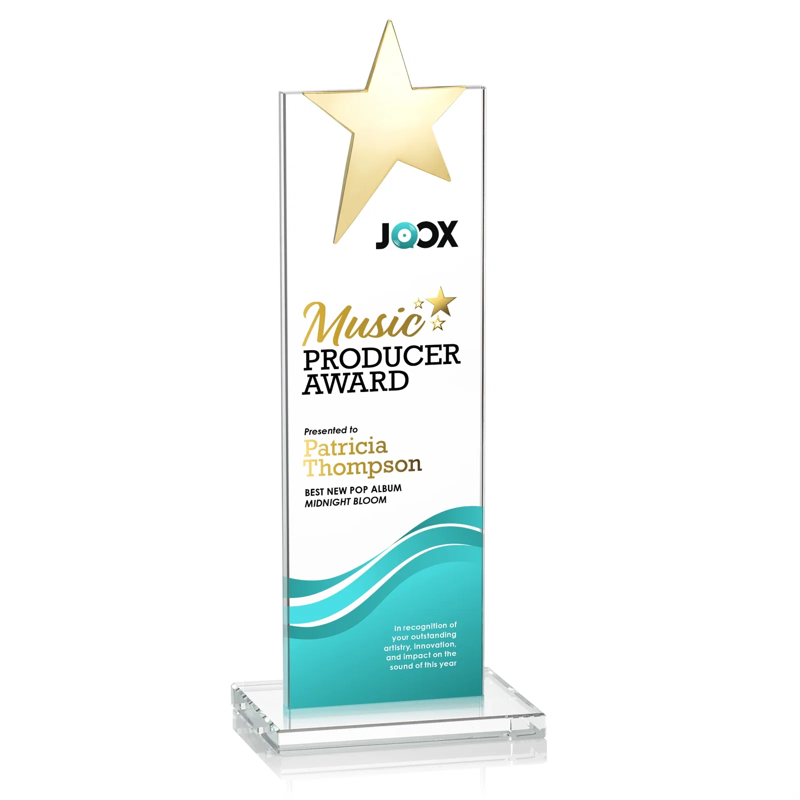 Personalized Starfire Crystal Award with Fixed Chrome Star Top, with your logo for sales achievement awards