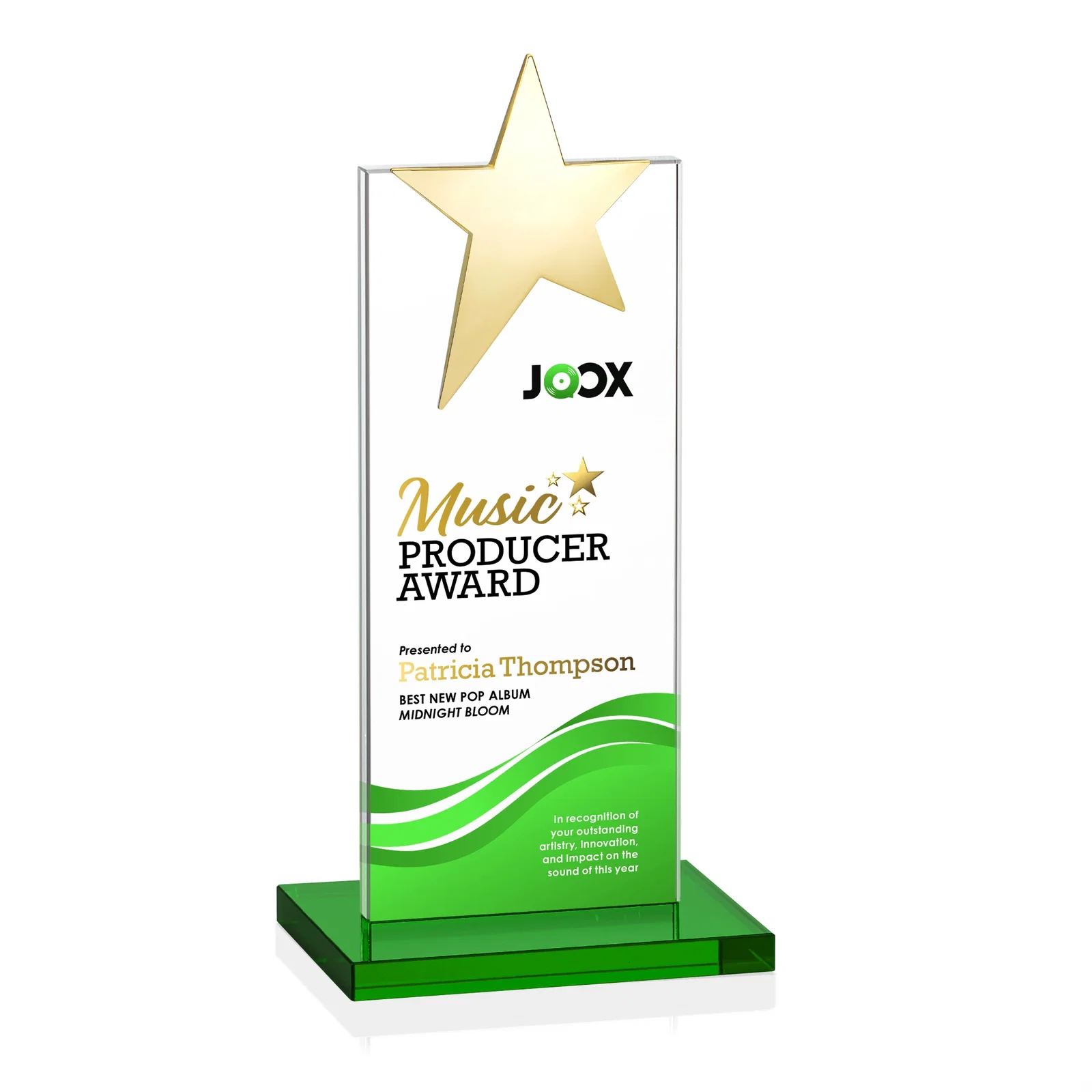 Personalized Starfire Crystal Award with Fixed Chrome Star Top, with your logo for dealer and partner awards