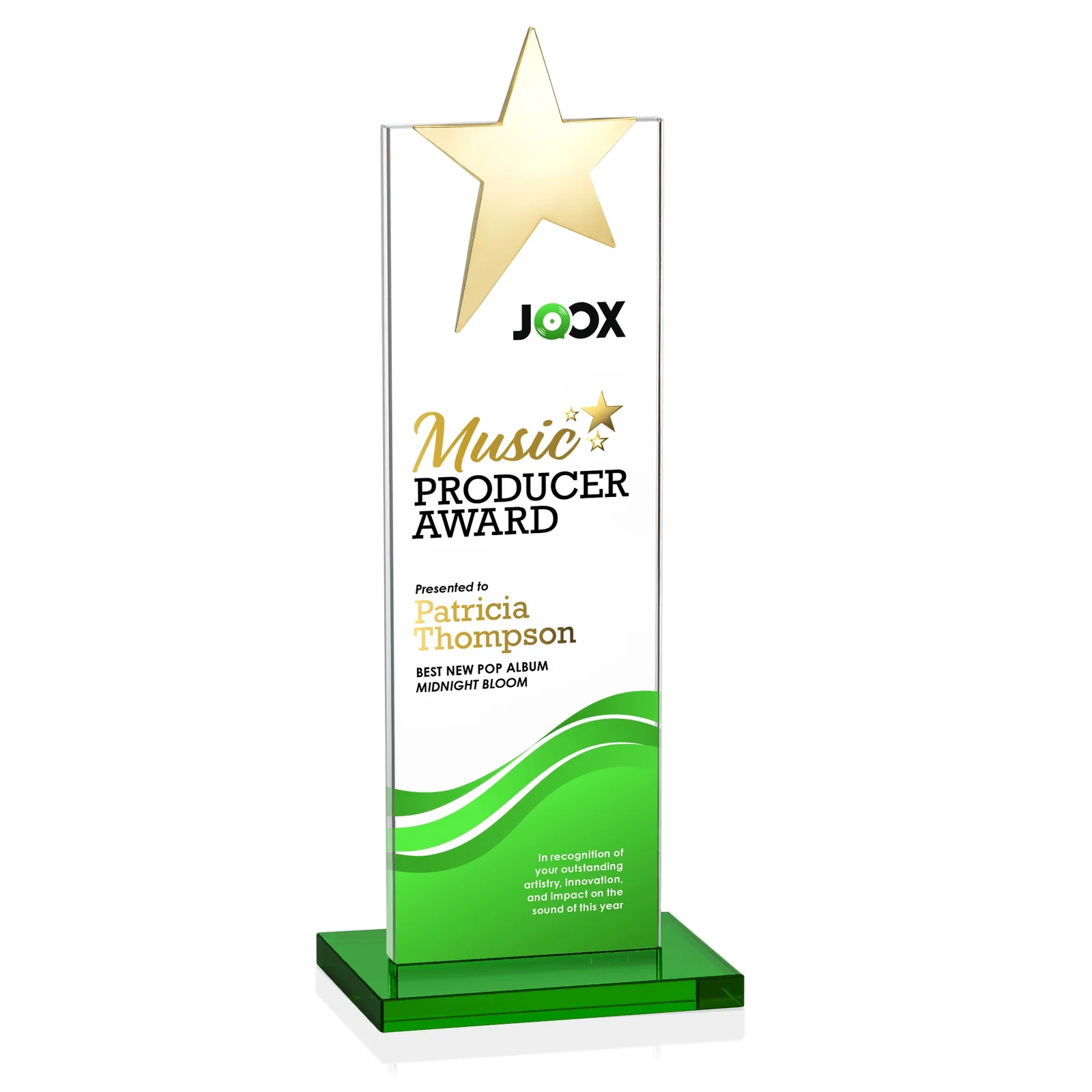 Personalized Starfire Crystal Award with Fixed Chrome Star Top, with your logo for company anniversary events