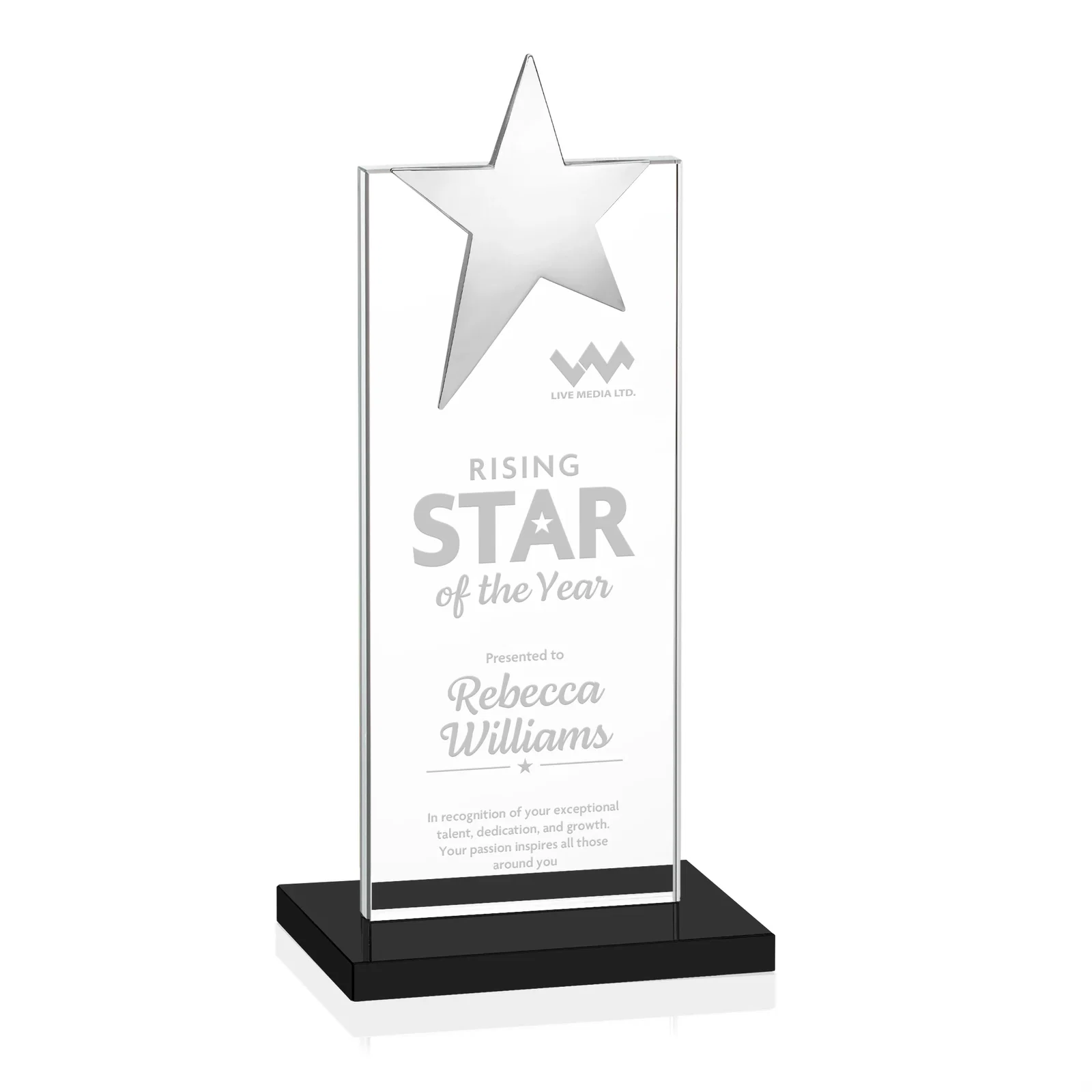 Custom Starfire Crystal Award with Fixed Chrome Star Top for dealer and partner awards