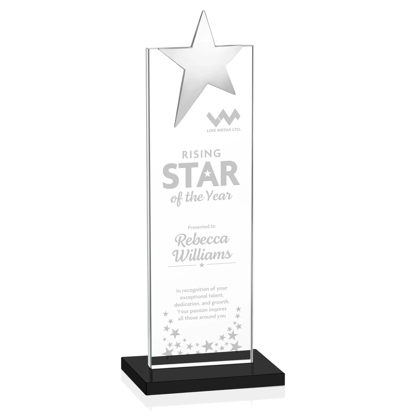 Custom Starfire Crystal Award with Fixed Chrome Star Top for company anniversary events