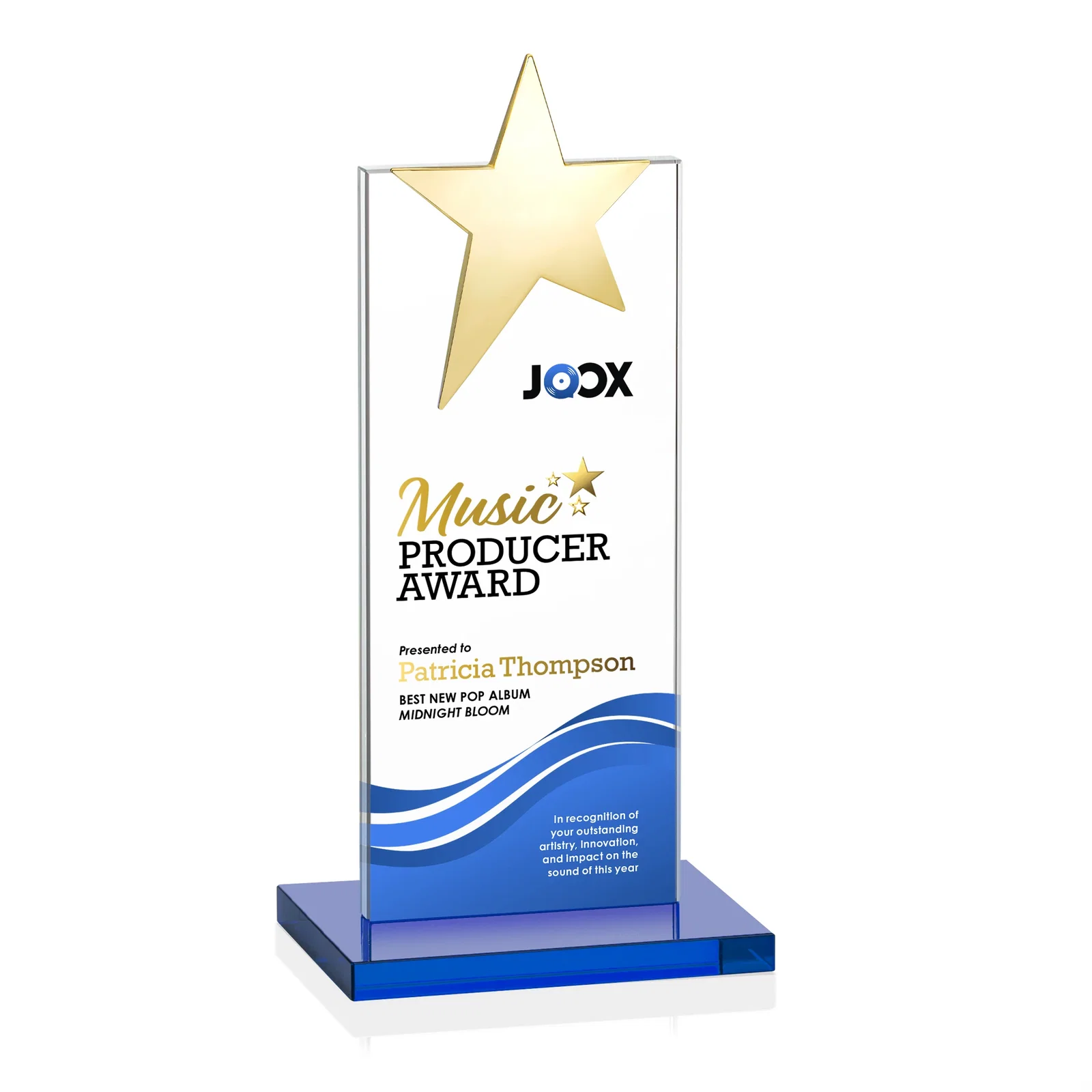 Branded Starfire Crystal Award with Fixed Chrome Star Top, with your logo for service anniversary gifts