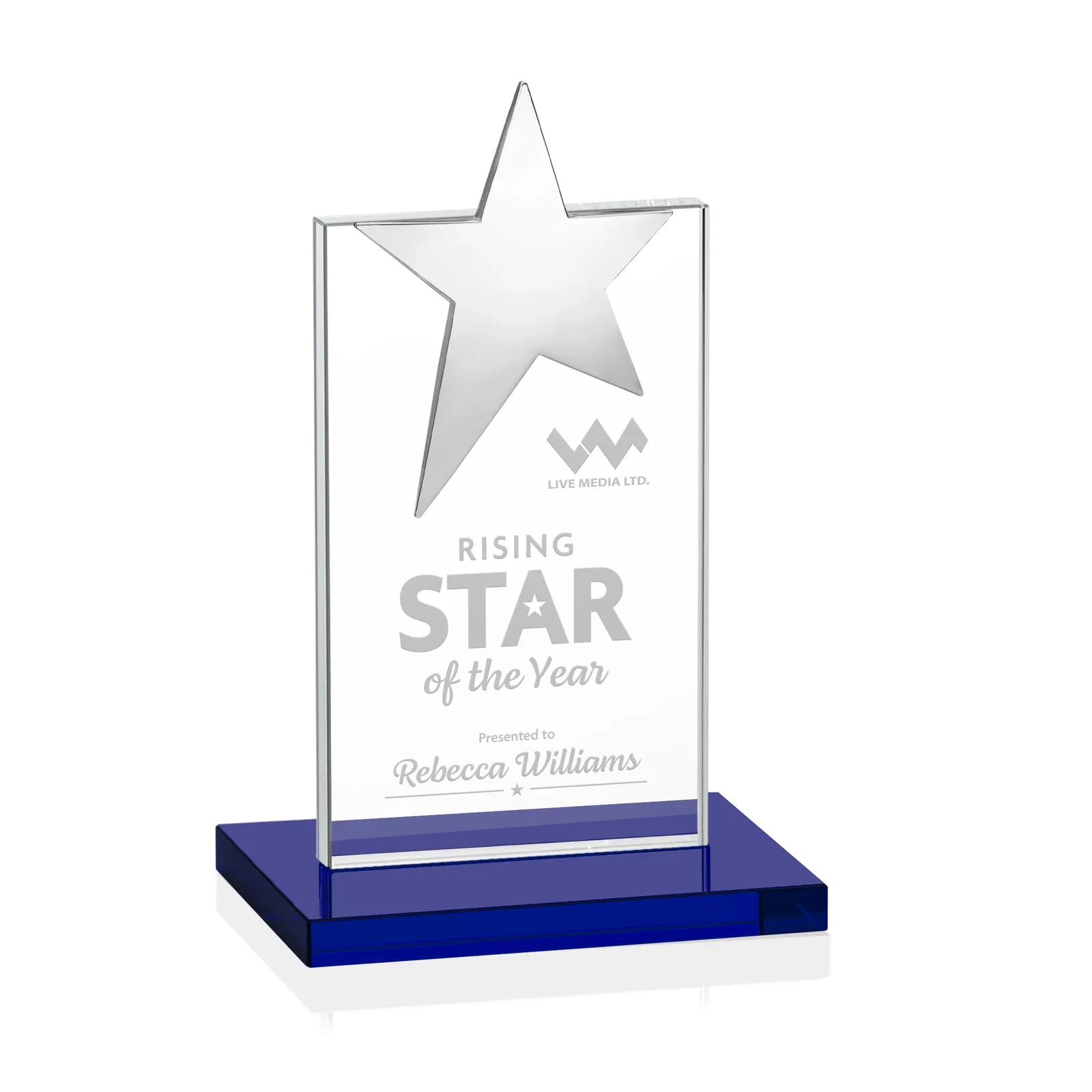 Personalized Starfire Crystal Award with Fixed Chrome Star Top for corporate award ceremonies