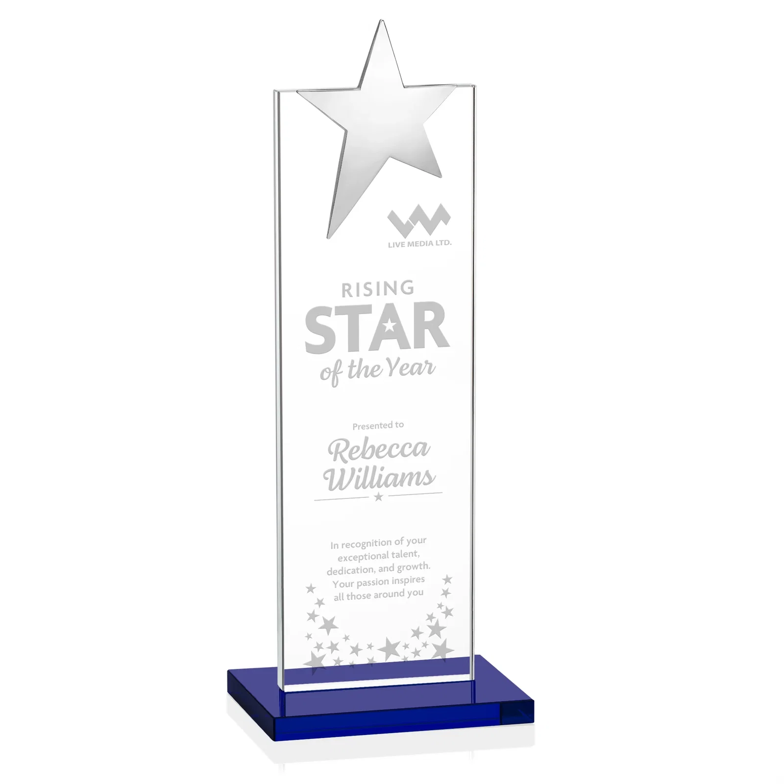 Personalized Starfire Crystal Award with Fixed Chrome Star Top for sales achievement awards
