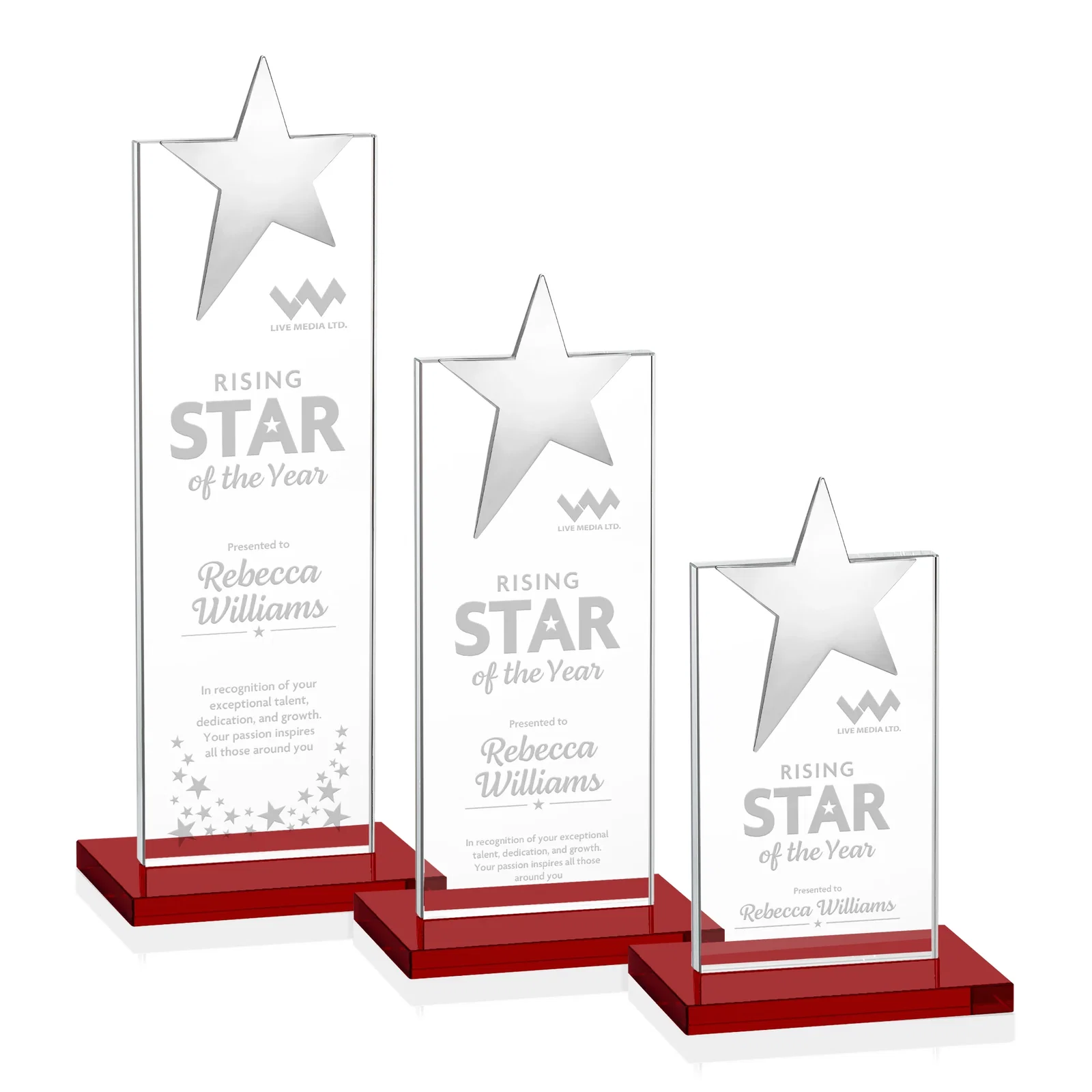 Personalized Starfire Crystal Award with Fixed Chrome Star Top for retirement presentations