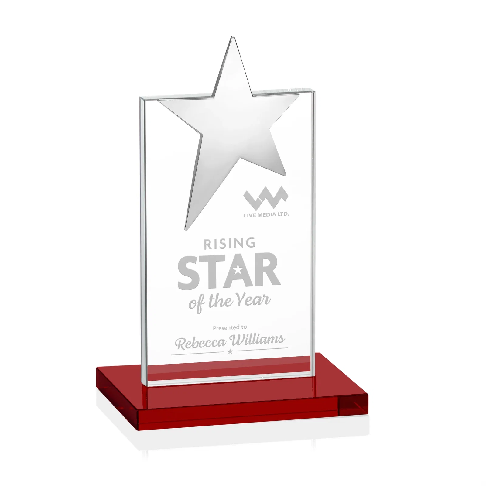 Personalized Starfire Crystal Award with Fixed Chrome Star Top for team milestone celebrations