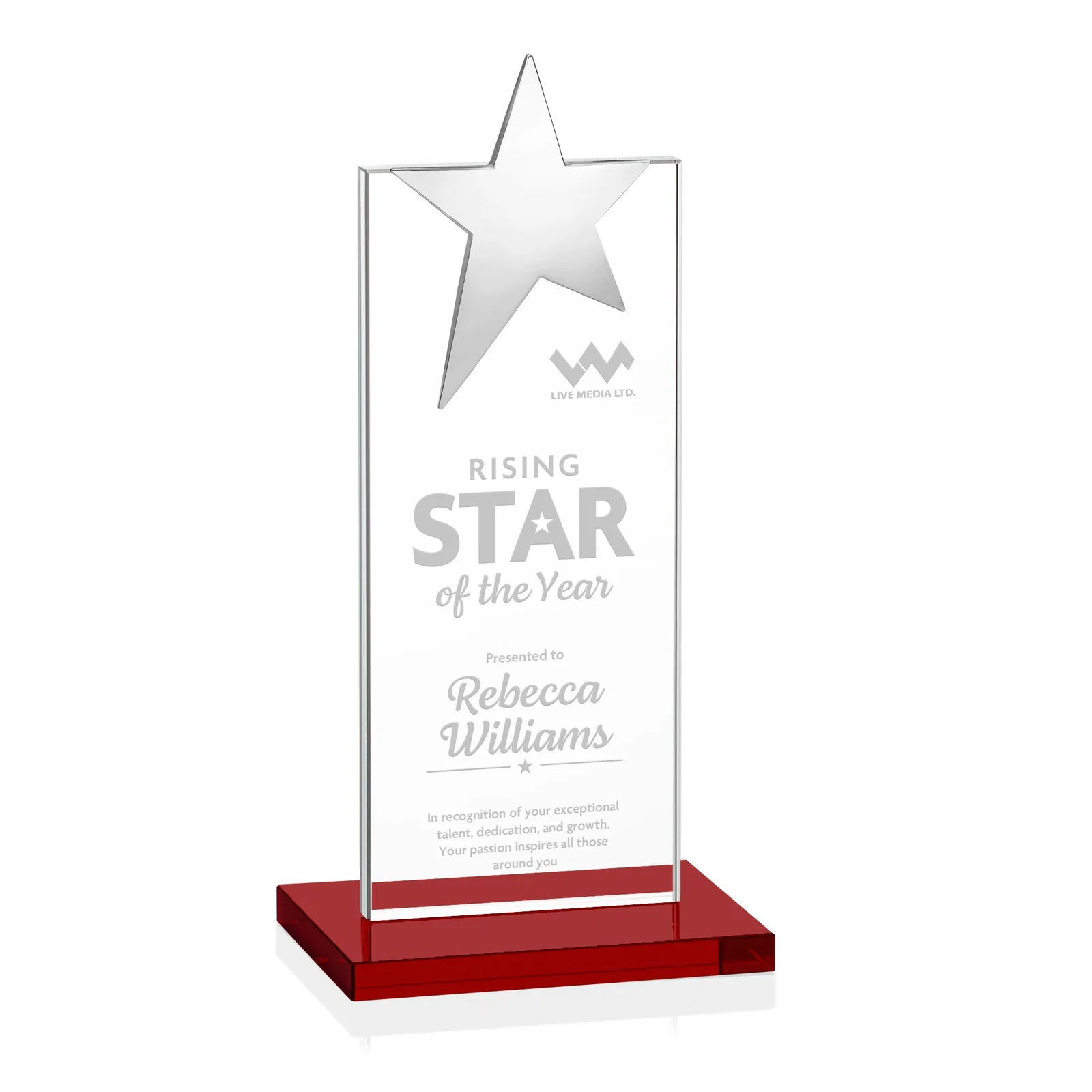 Personalized Starfire Crystal Award with Fixed Chrome Star Top for donor appreciation
